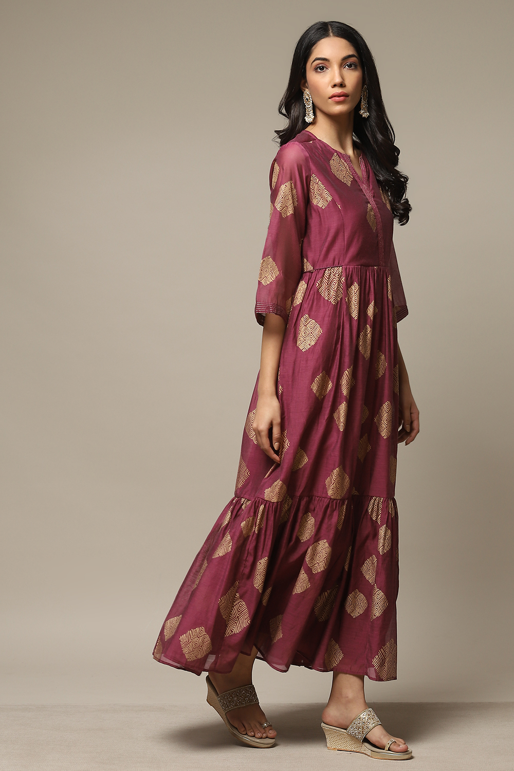 Golden Yellow Cotton Blend Tiered Printed Dress image number 4
