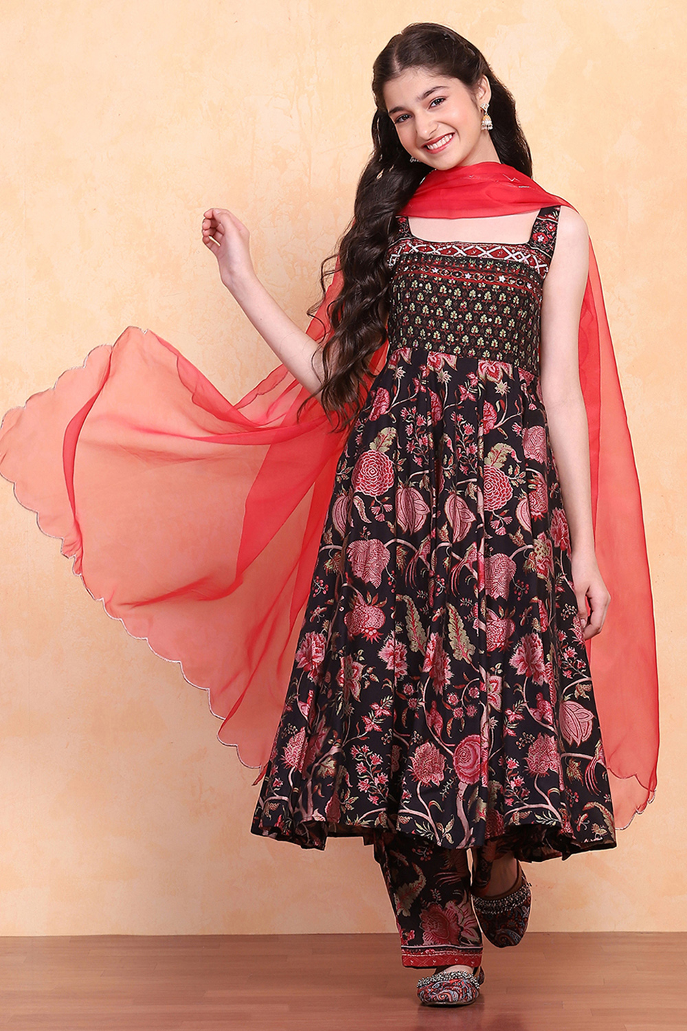 Black Floral Printed Kalidar Suit Set image number 0