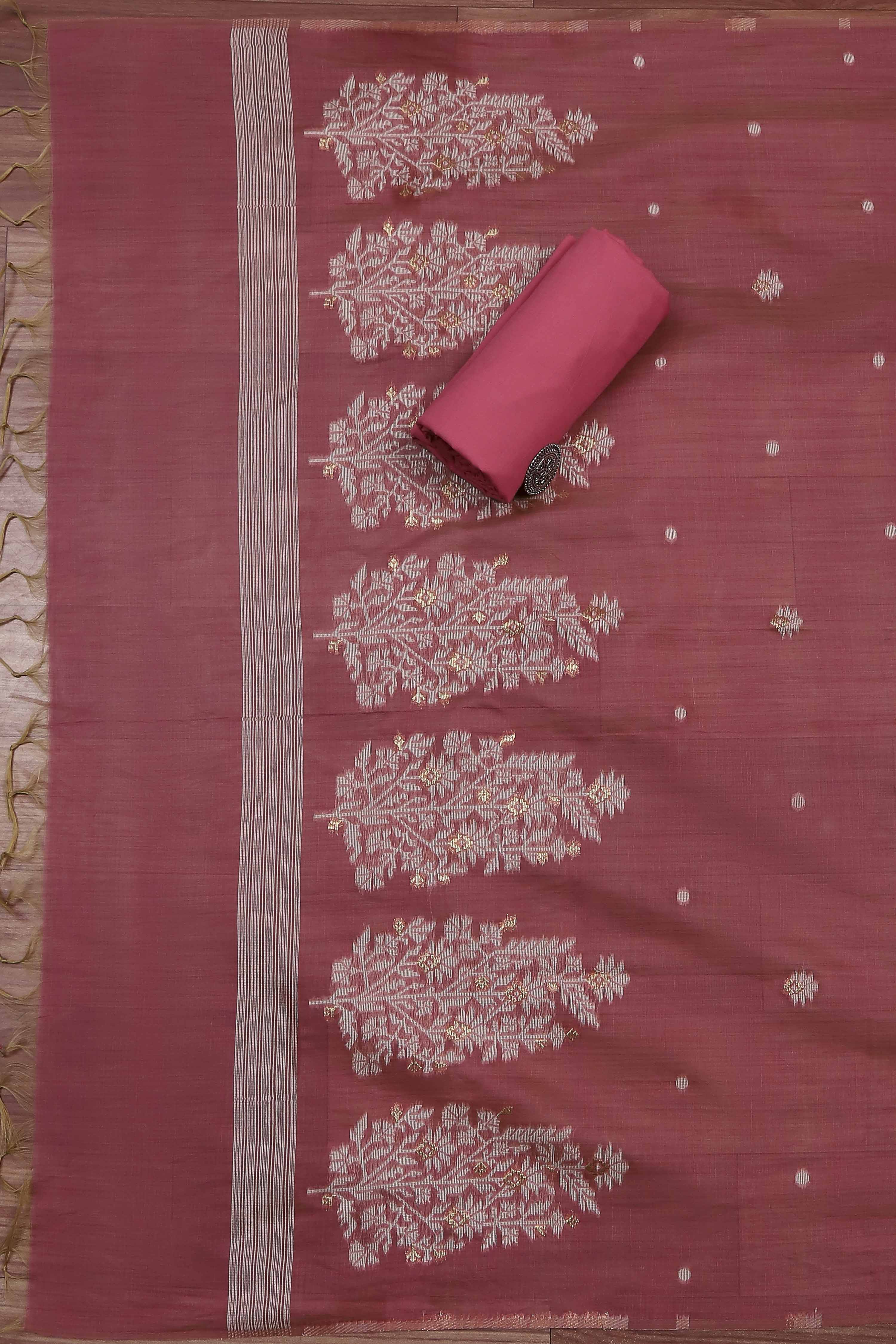 Pink Cotton Jamdani Unstitched Suit Set image number 3
