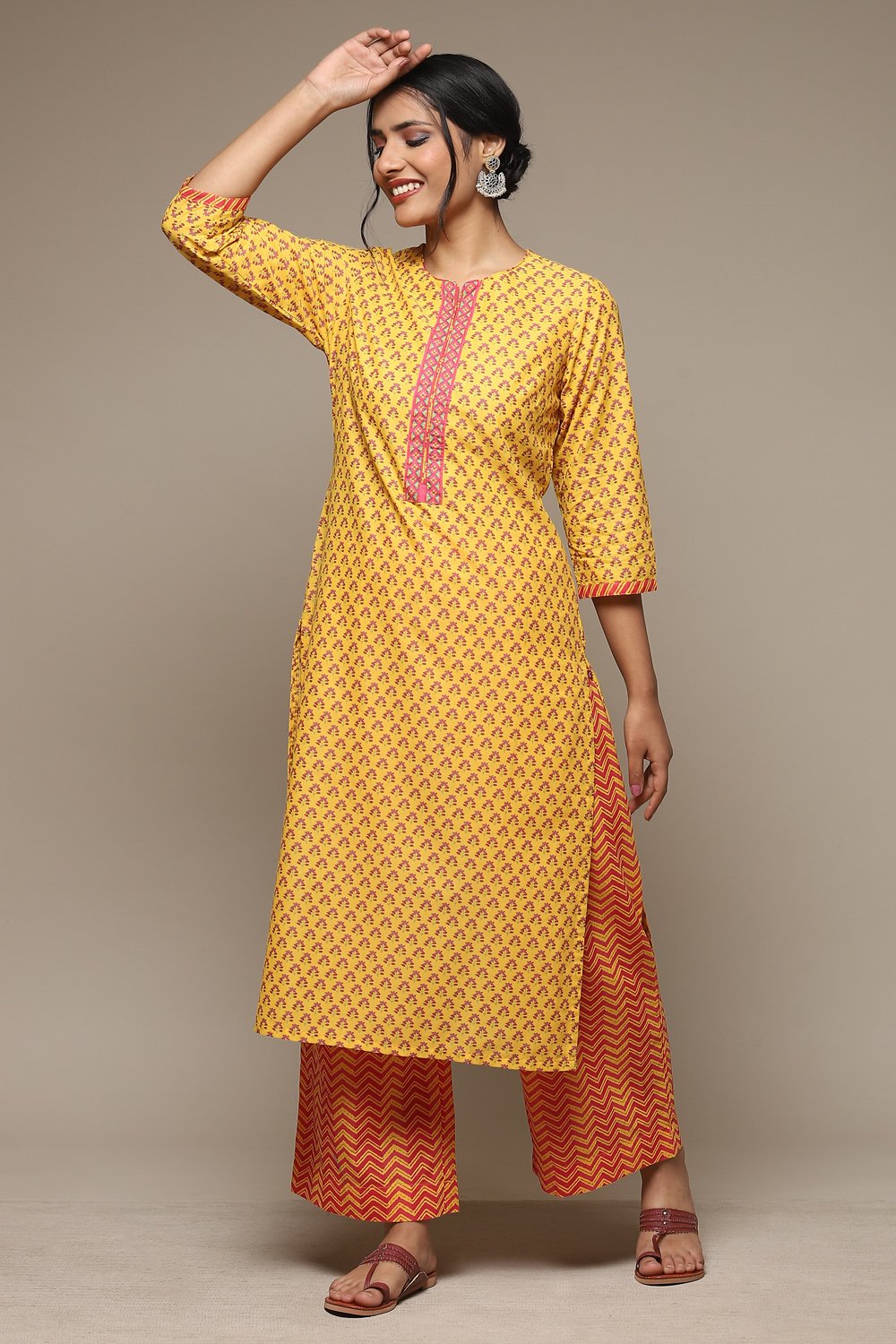 Off White Cotton Straight Kurta Palazzo Suit Set image number 0