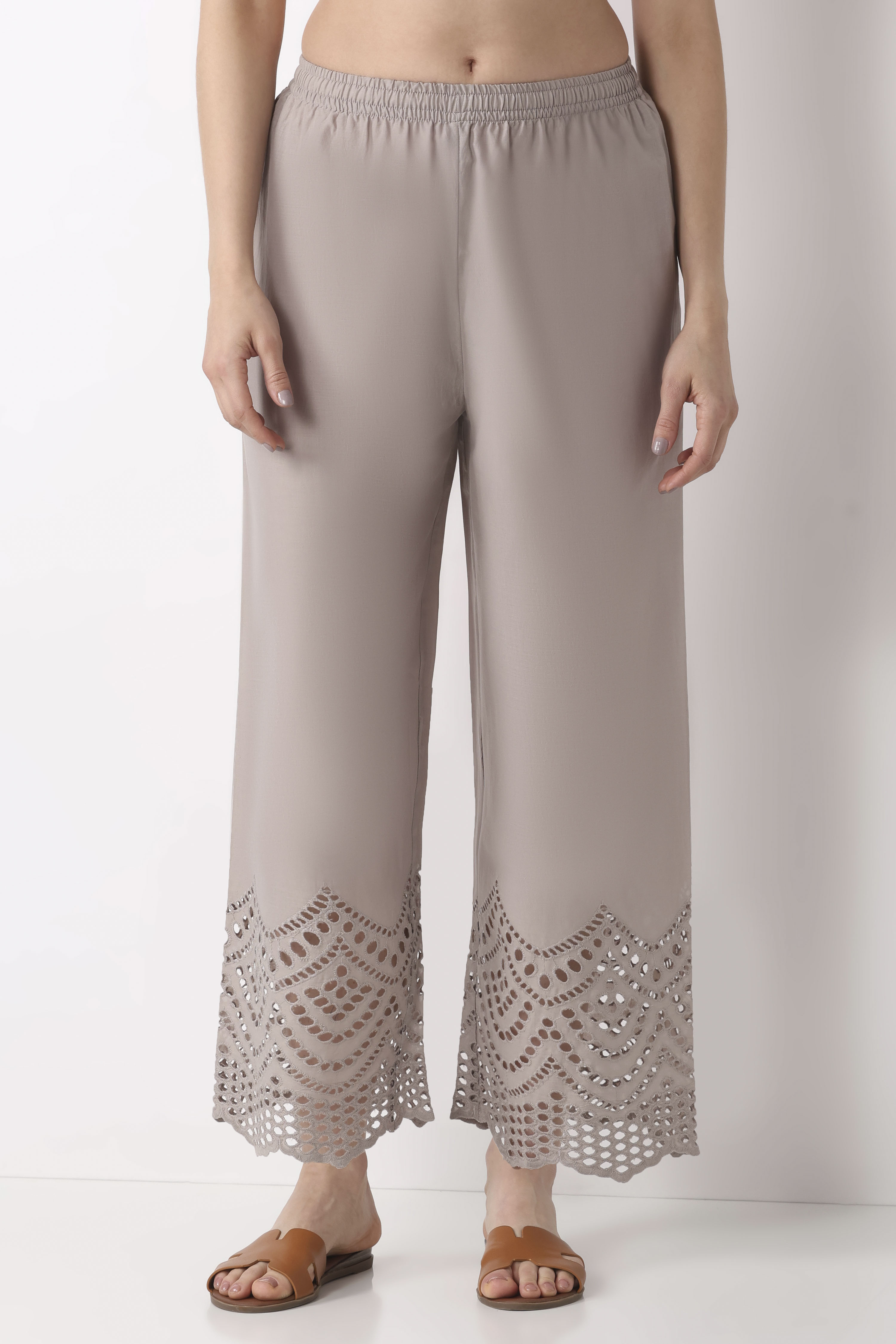 Grey Cotton Straight Palazzos image number 2