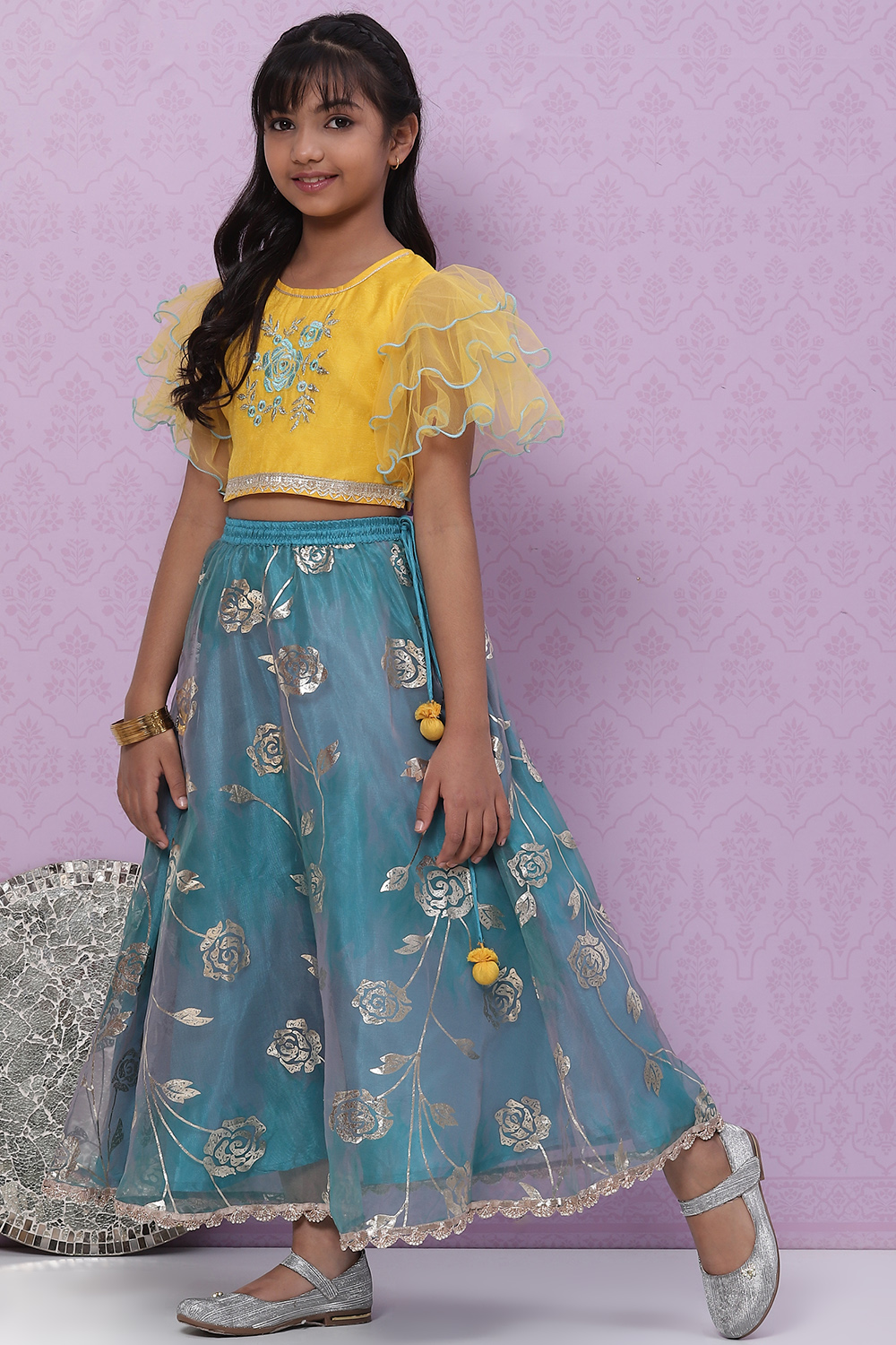 Yellow Art Silk Top With Flared Lehenga Set image number 5