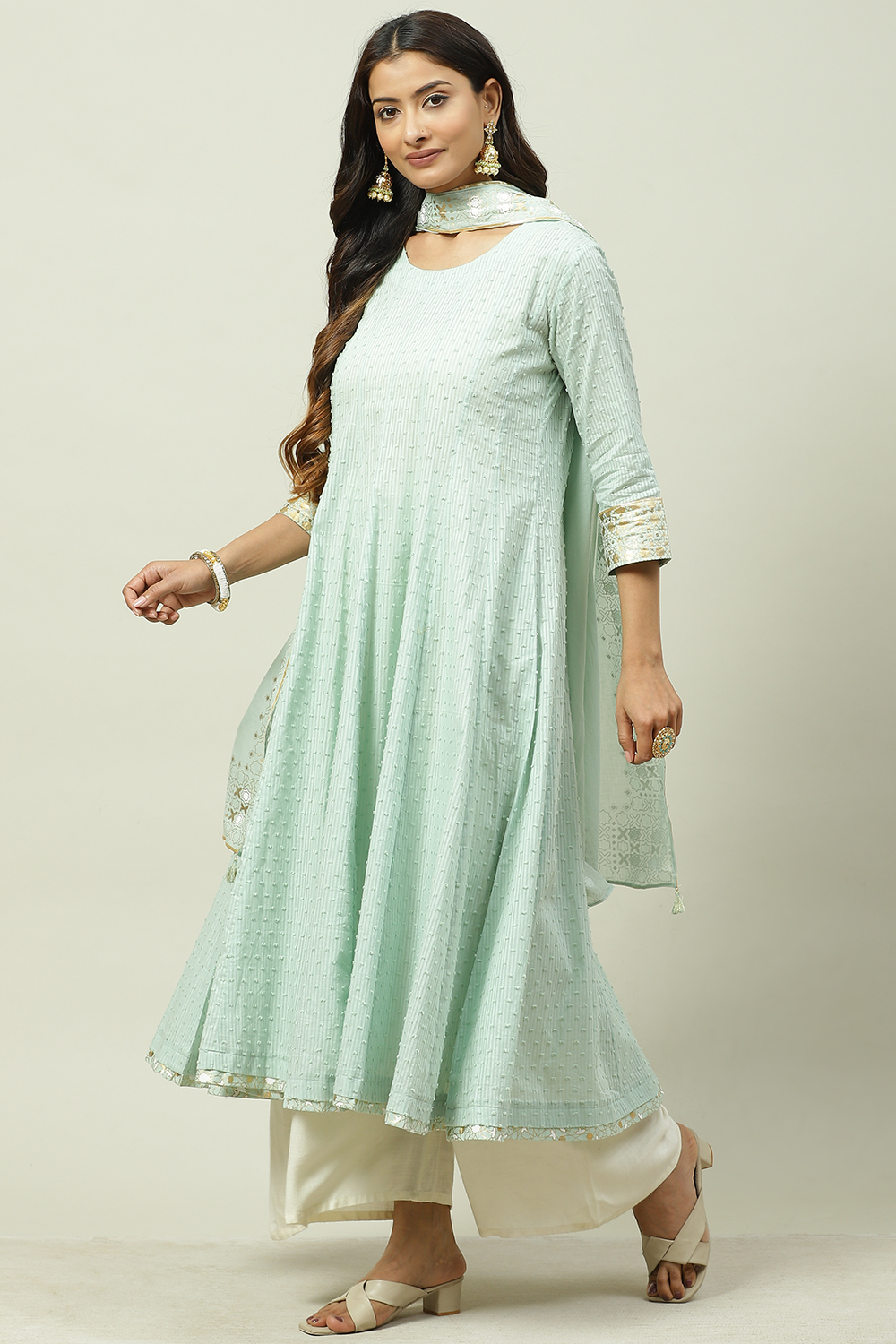 Sea Green Cotton Flared Kurta image number 3
