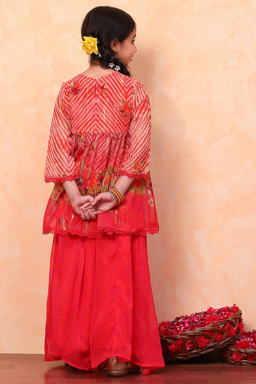 Coral Chiffon Floral Printed Festive Gathered Suit Set image number 4