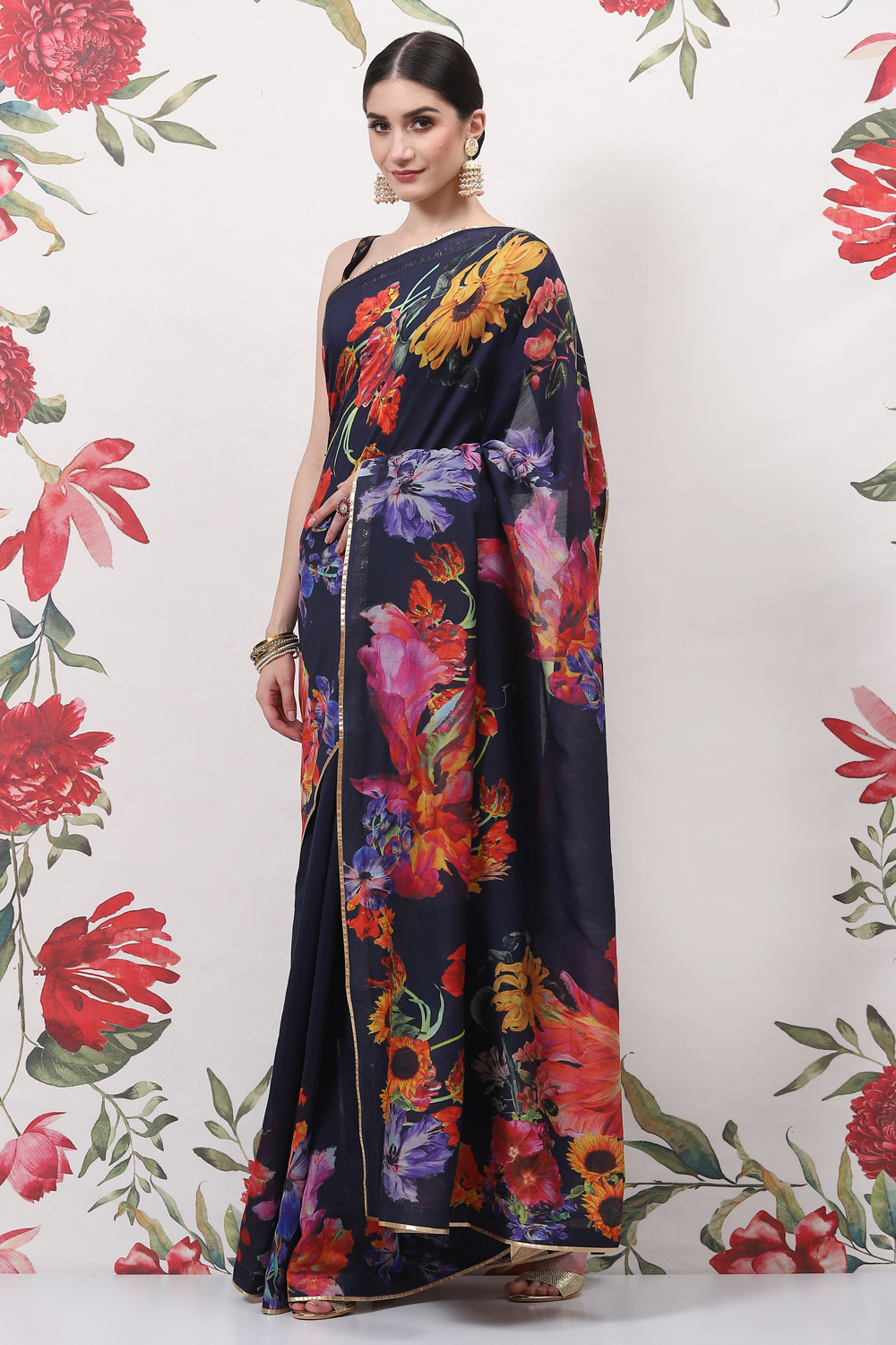 Indigo Cotton Silk Printed Saree image number 0