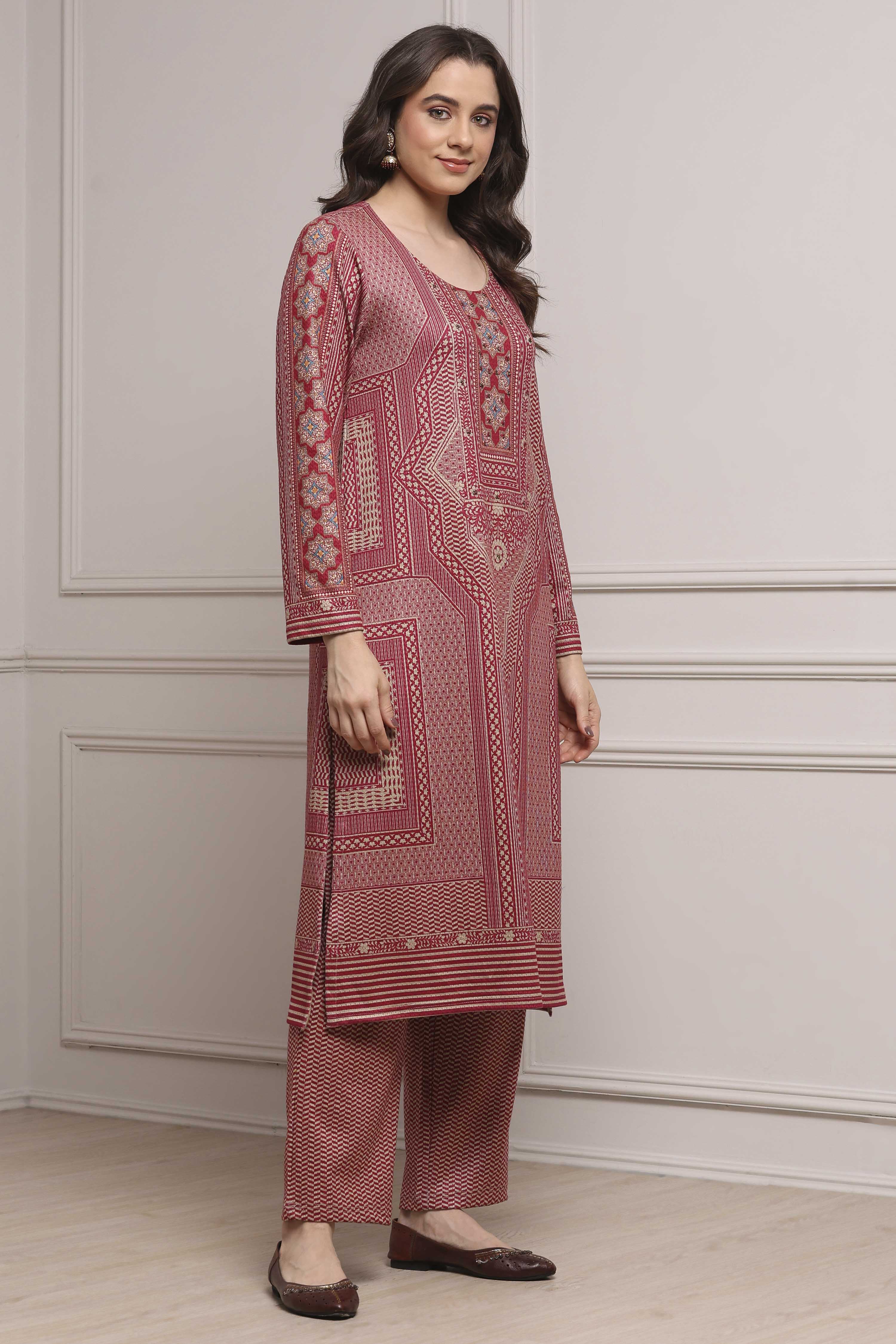 Pink Polyester Straight Printed Kurta Set image number 5