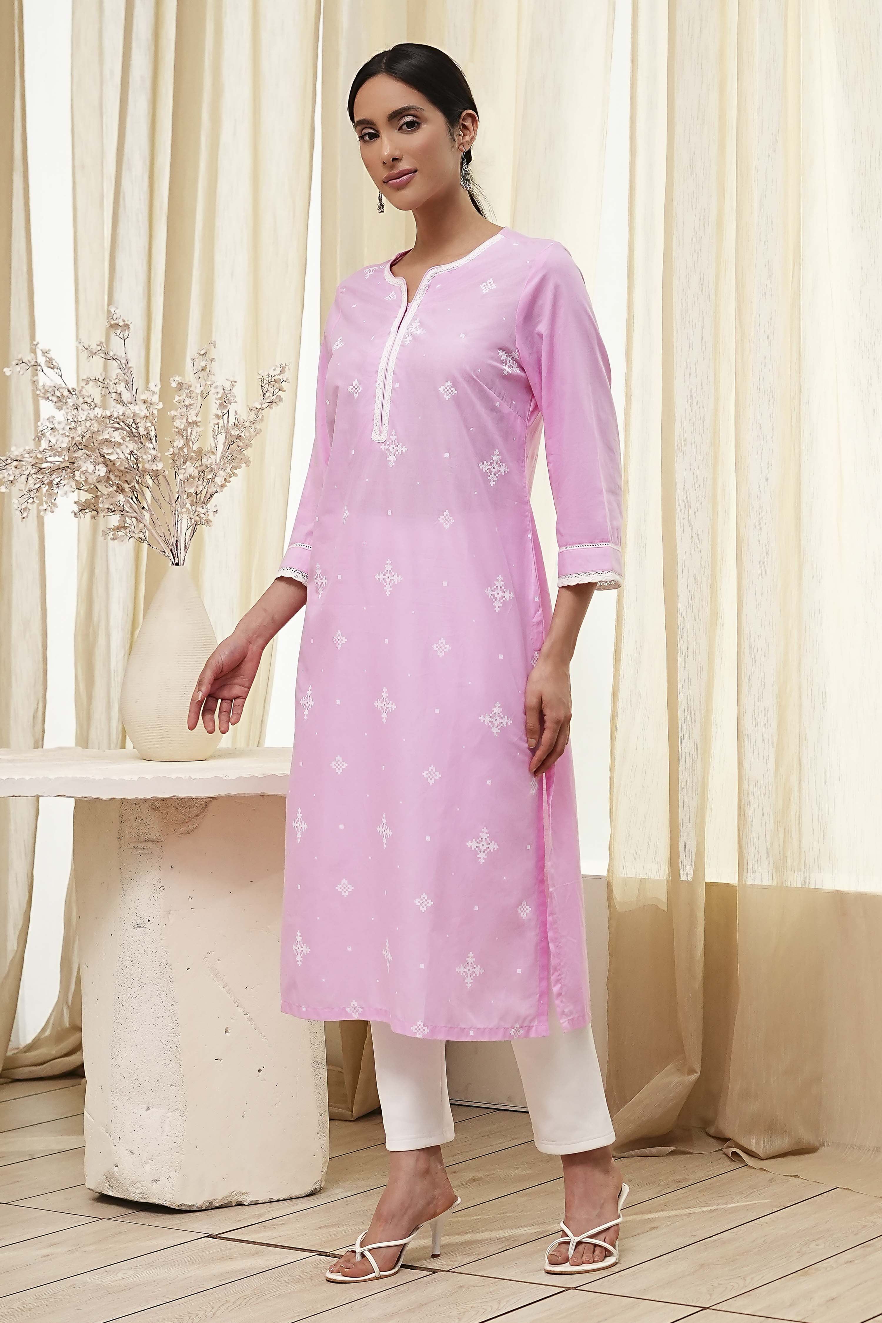 Light Pink Cotton Straight Kurta image number 2