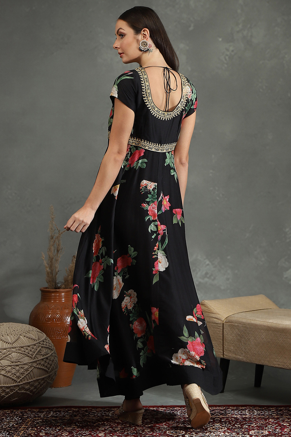 Black Silk Chanderi Floral Printed Anarkali Suit Set image number 4