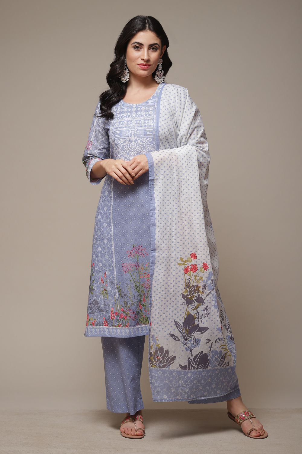 Powder Blue Cotton Straight Kurta Palazzo Suit Set image number 1