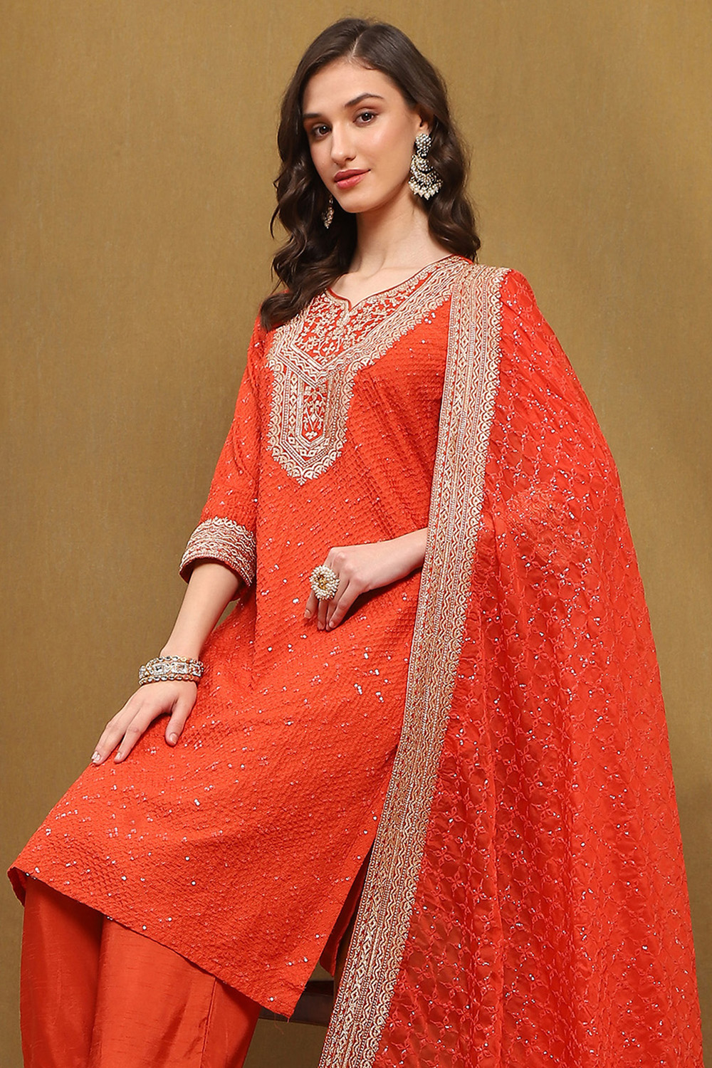 Orange Silk Embroidered Festive Straight Suit Set image number 8