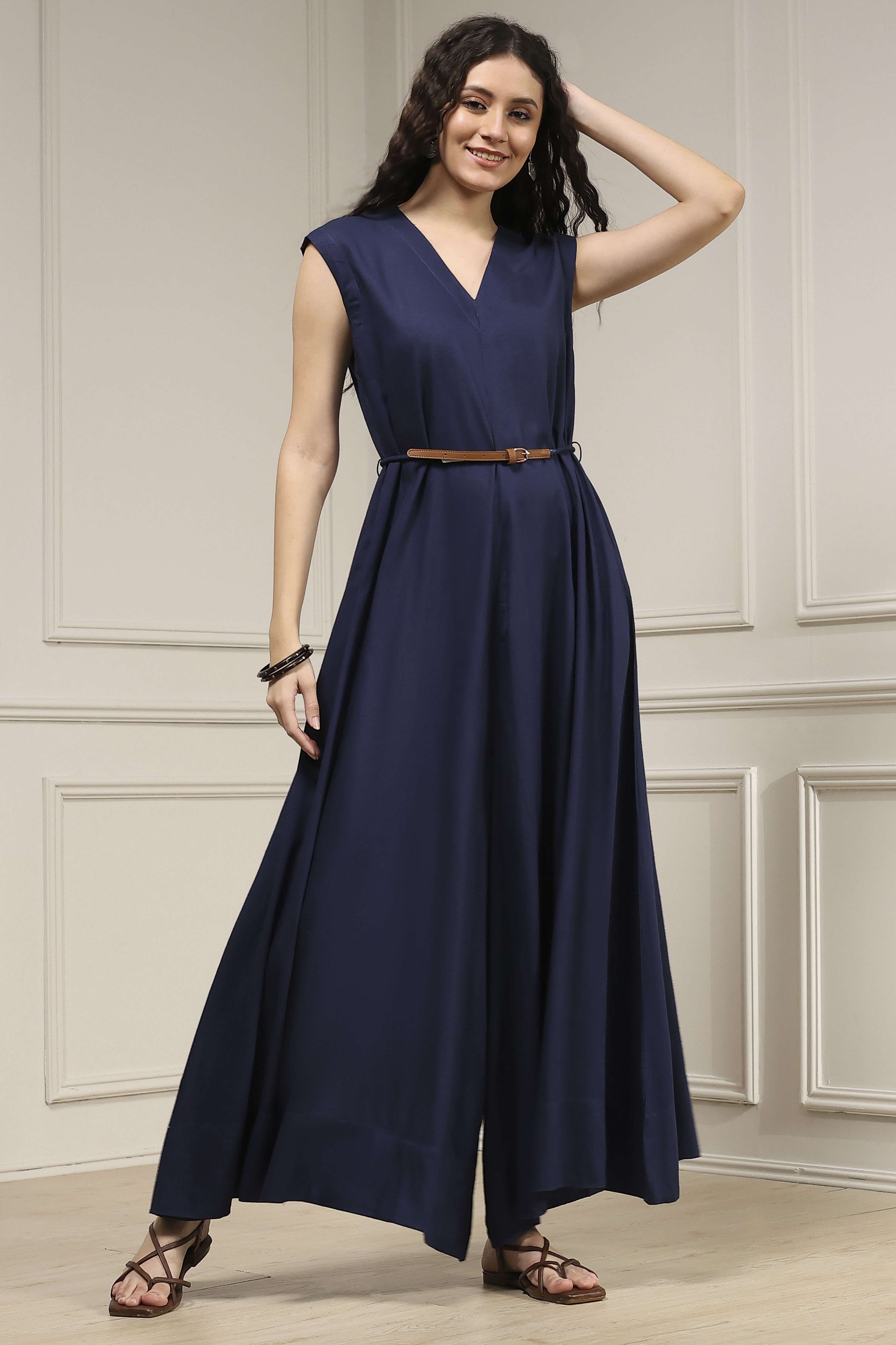 Navy Blue Viscose Rayon Asymmetric Dyed Jumpsuit image number 4