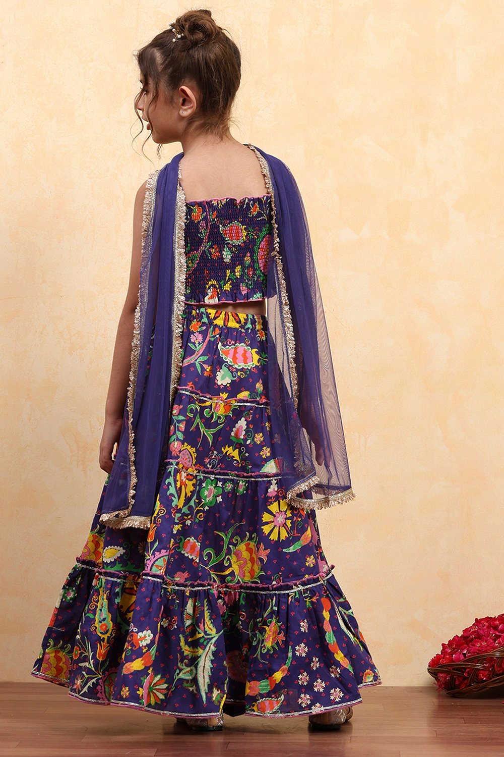 Purple Cotton Printed Tiered Lehenga Set image number 4