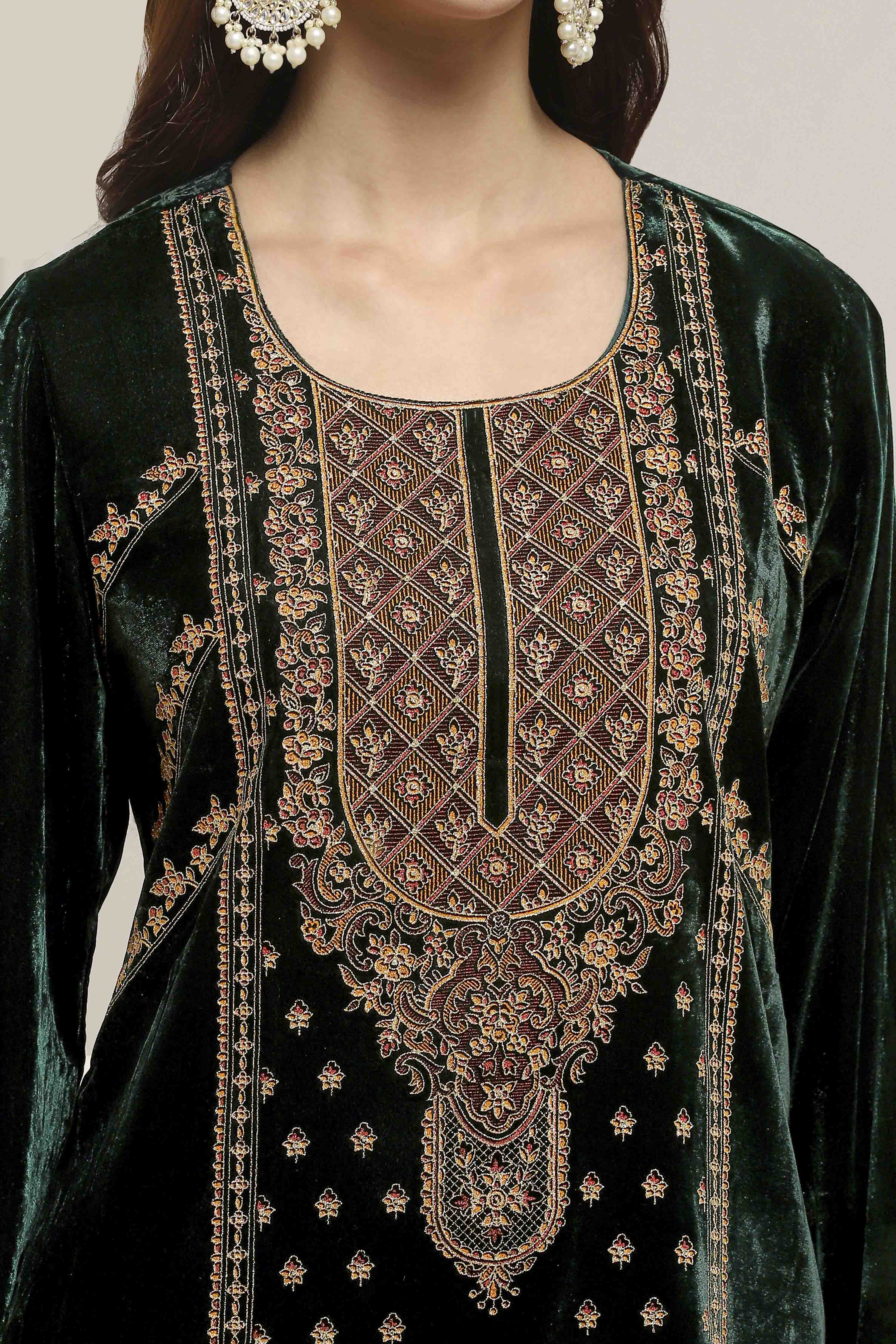 Dark Green Velvet Straight Winter Kurta Set image number 1