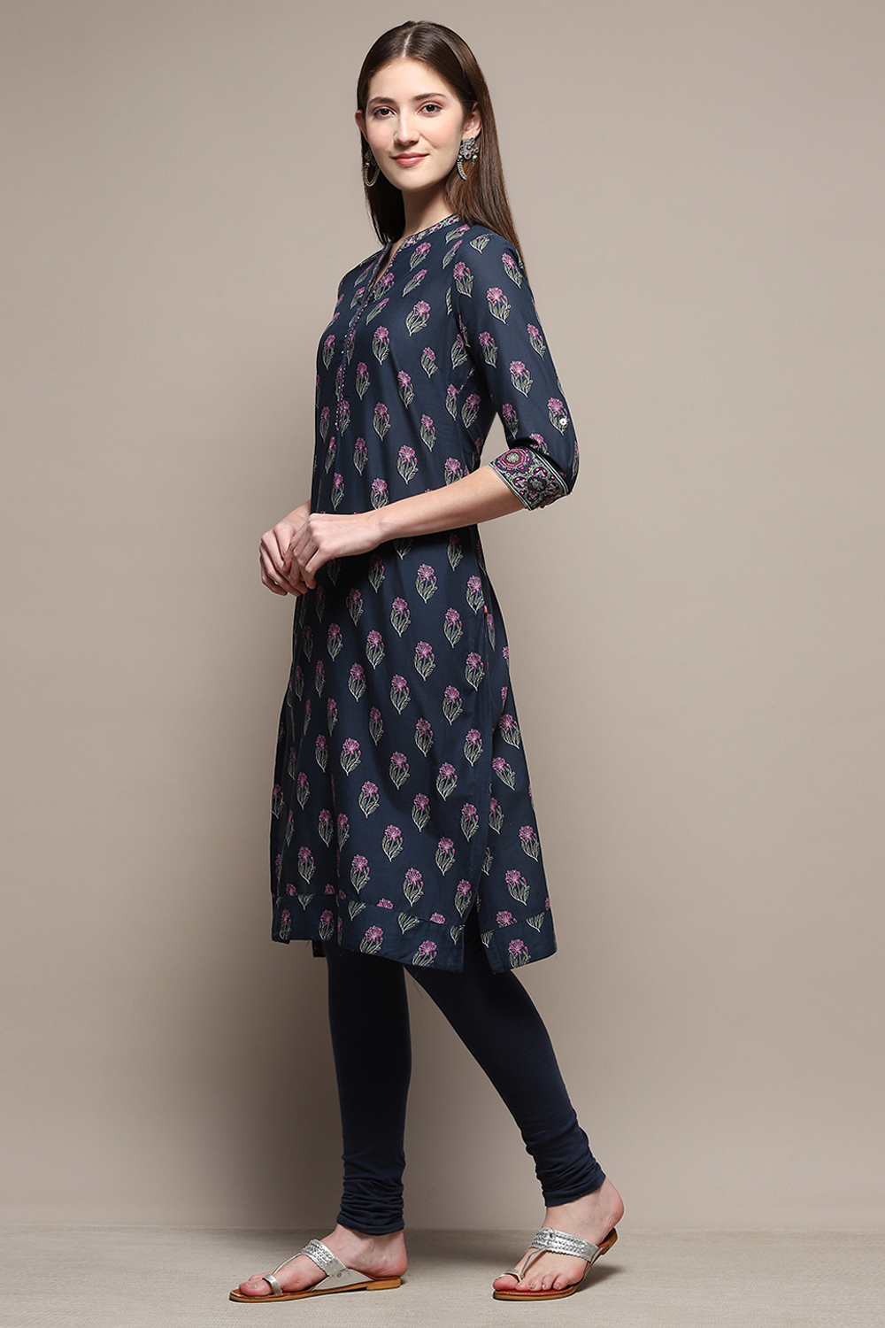 Black Cotton Straight Kurta Churidar Suit Set image number 3