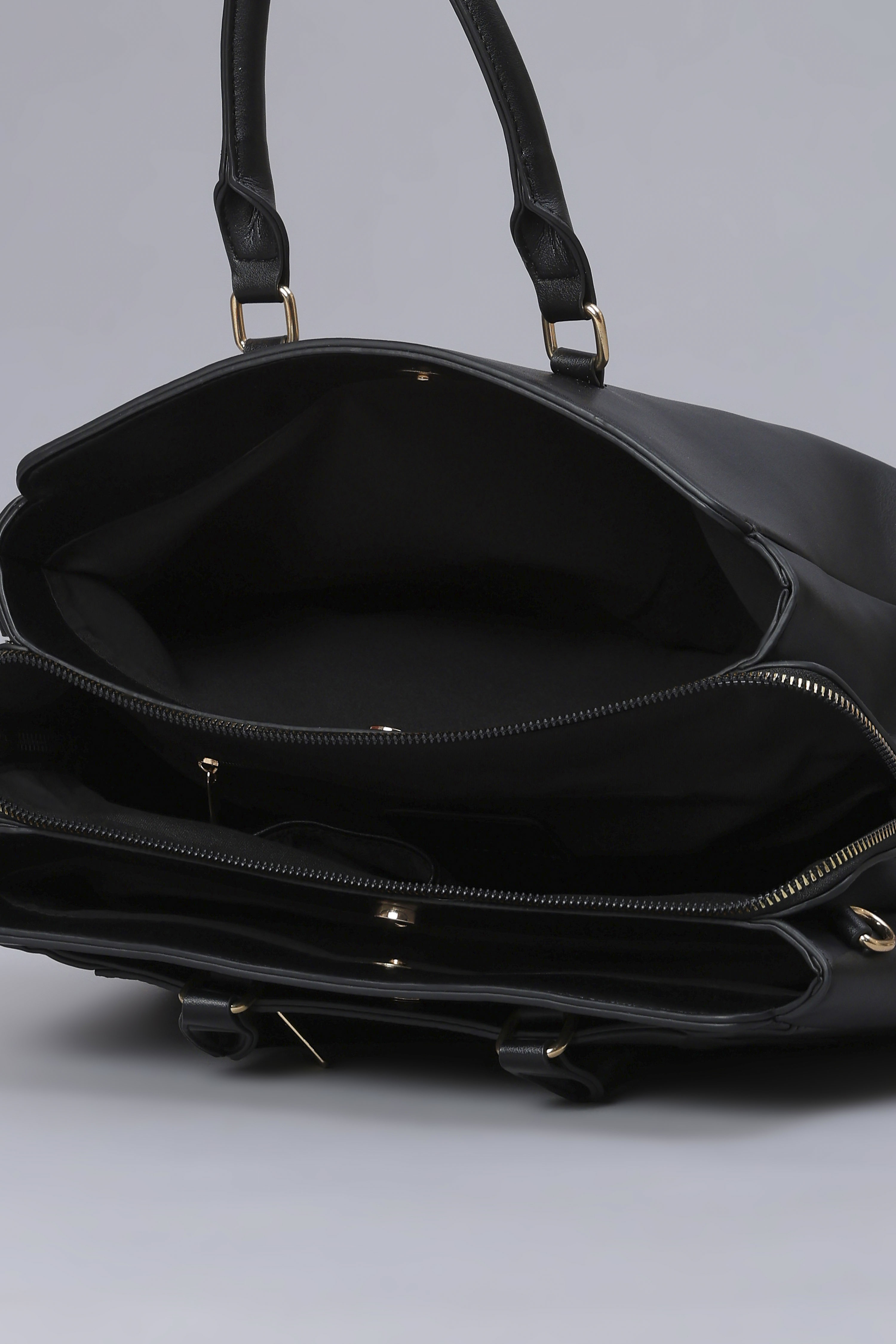 Black PU Solid Structured Handheld Bag image number 5