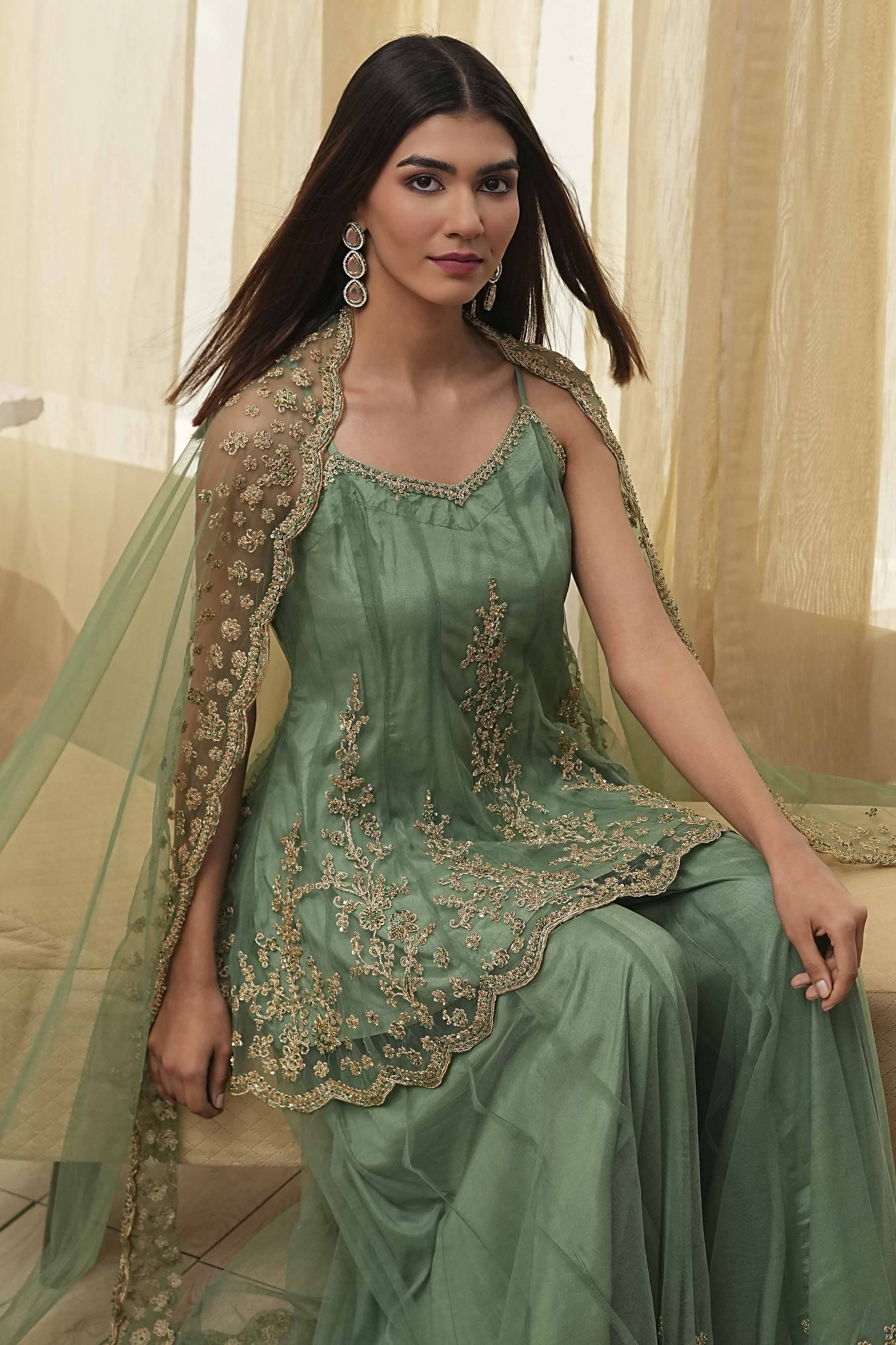 Green Net Embroidered Kalidar Suit Set image number 7