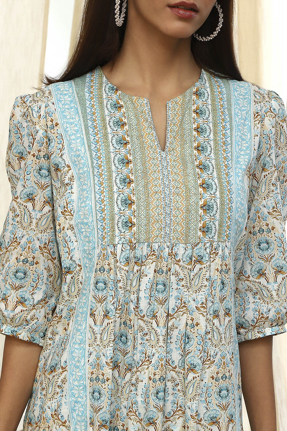 Blue Cotton Floral Printed Tiered Dress image number 1