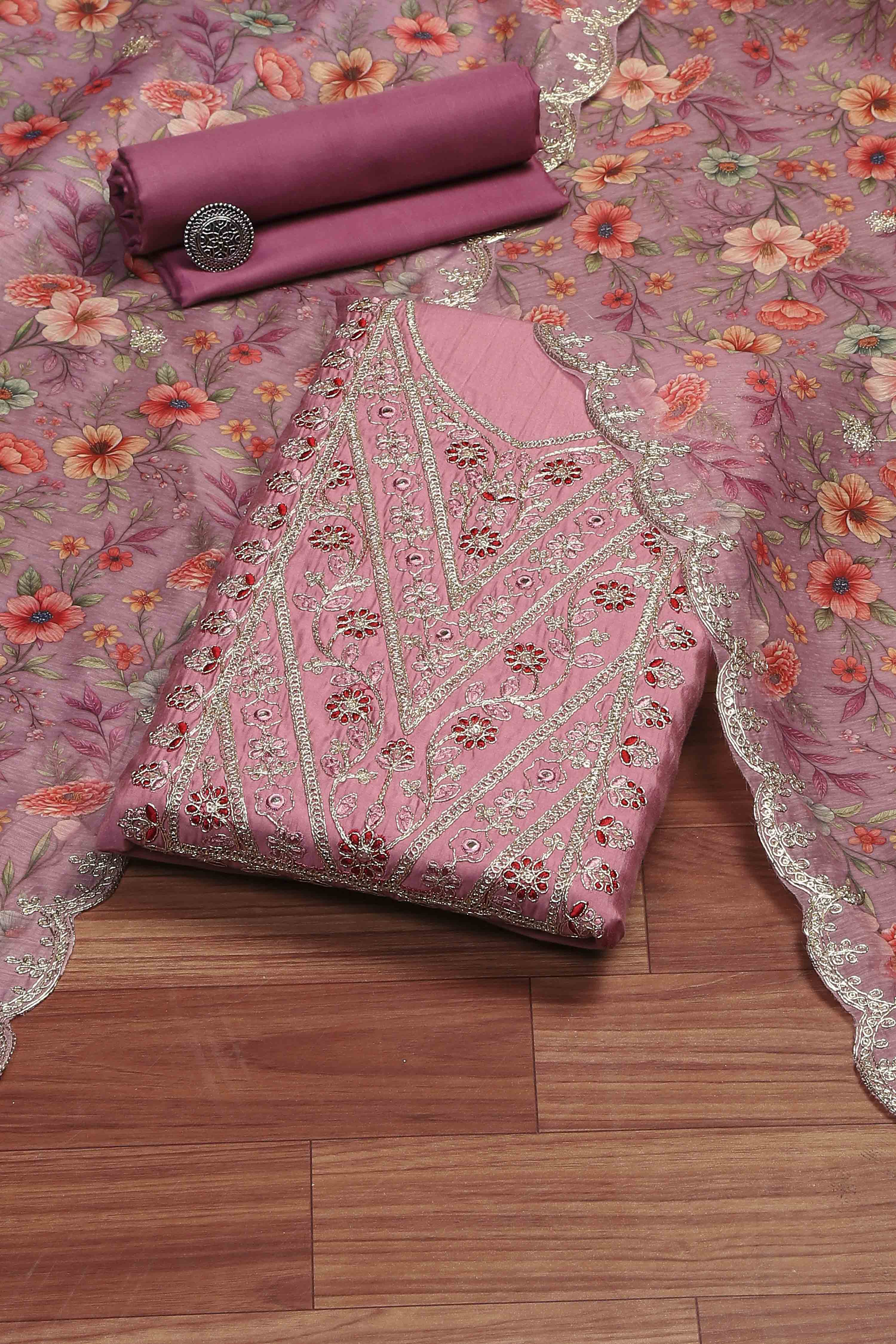 Teal Cotton Printed Embroidered Unstitched Suit Set image number 0