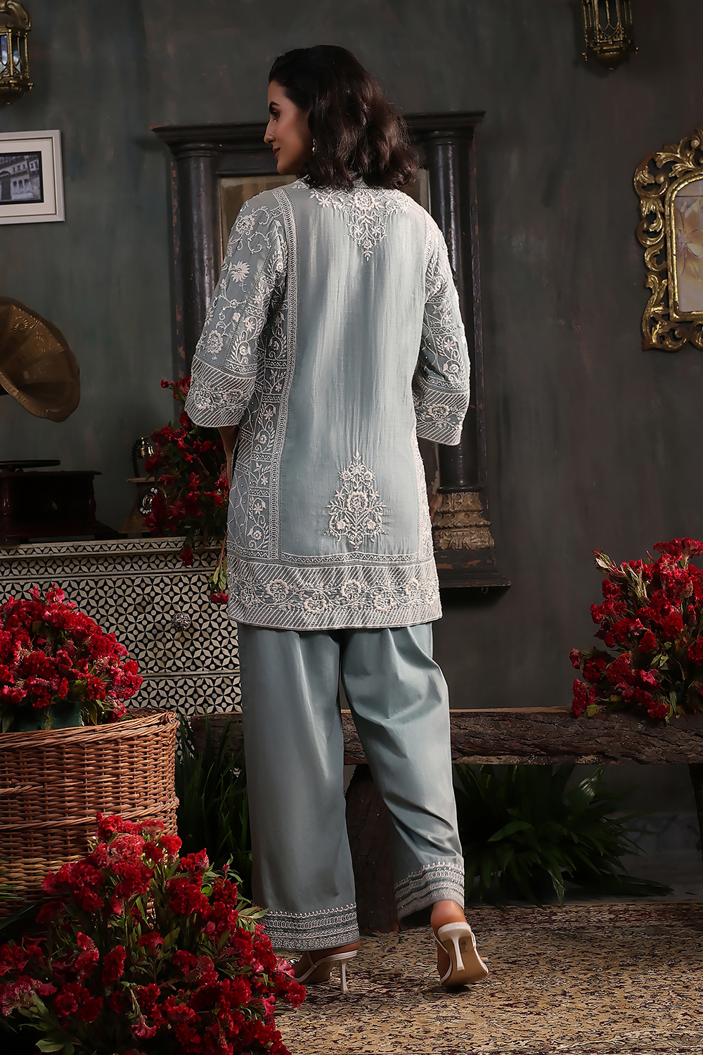 Earthy Blue Chanderi Embroidered Straight Suit Set image number 4