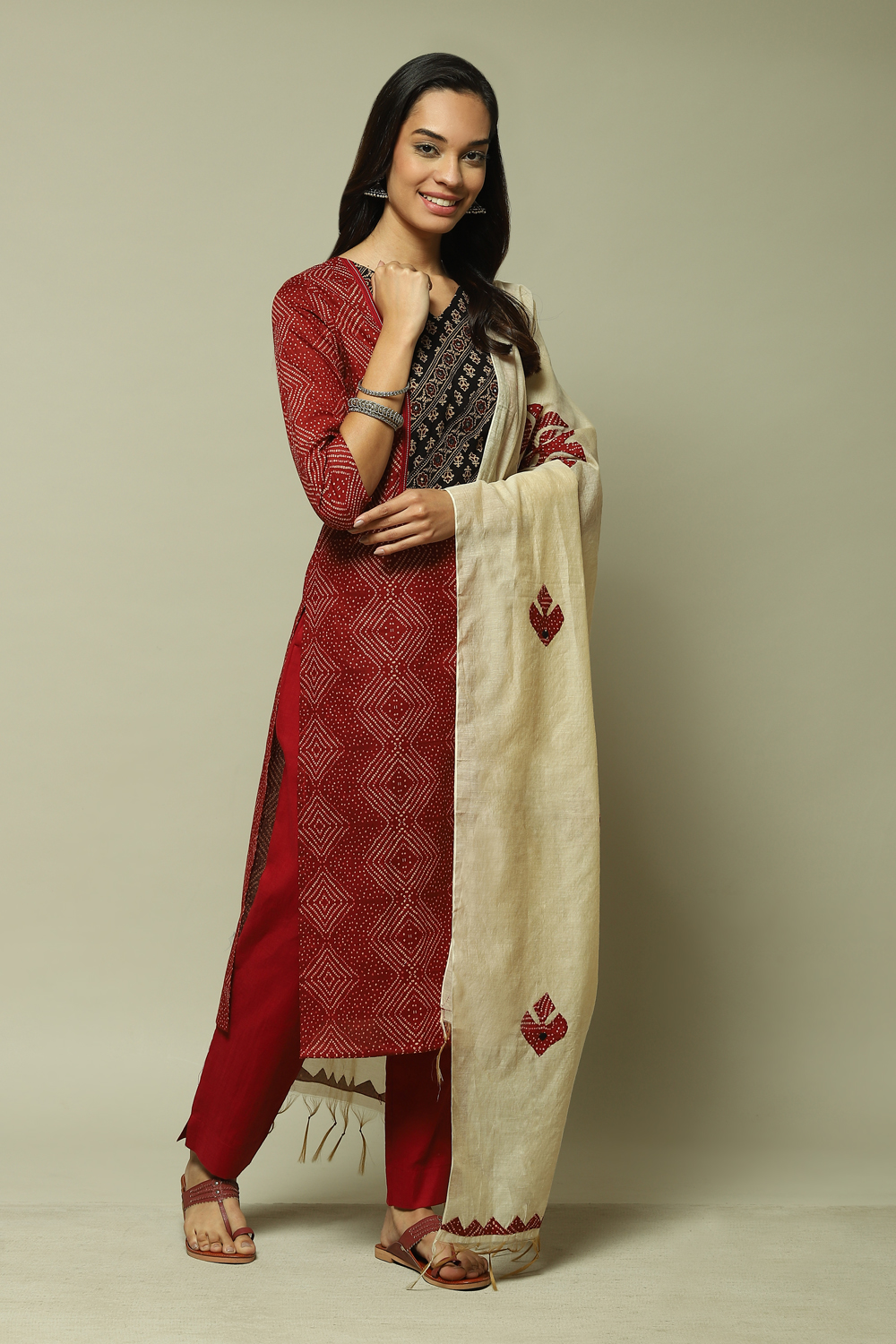 Red Cotton Printed Unstitched Suit Set image number 6