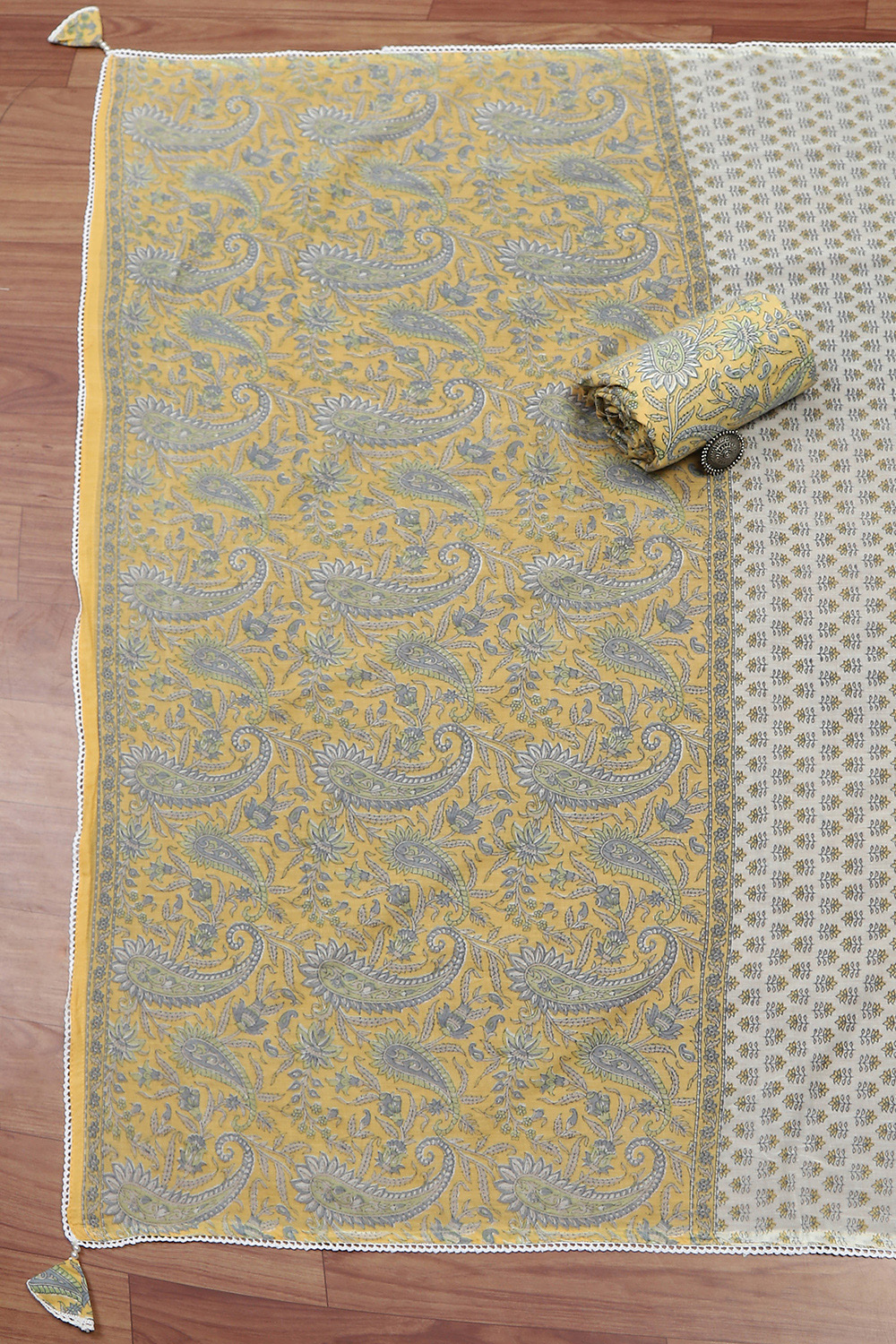 Yellow Cotton Printed Unstitched Kurta Set image number 3