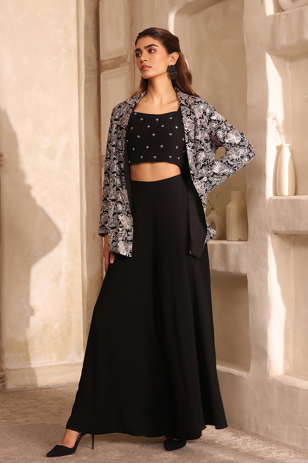 Black Poly Georgette Fitted Embroidered Fusion Set image number 3