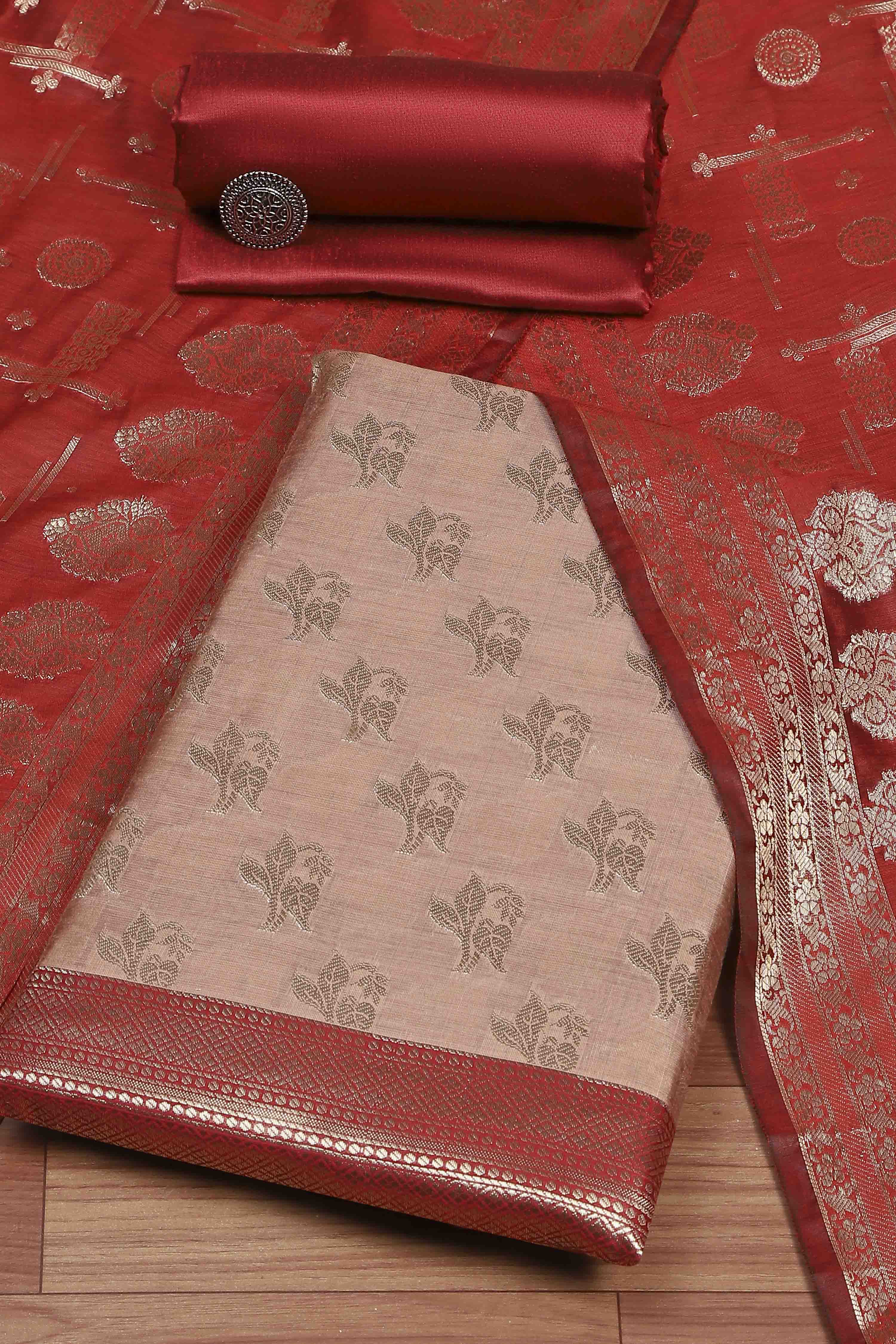 Wine Poly Silk Banarasi Unstitched Suit Set image number 0
