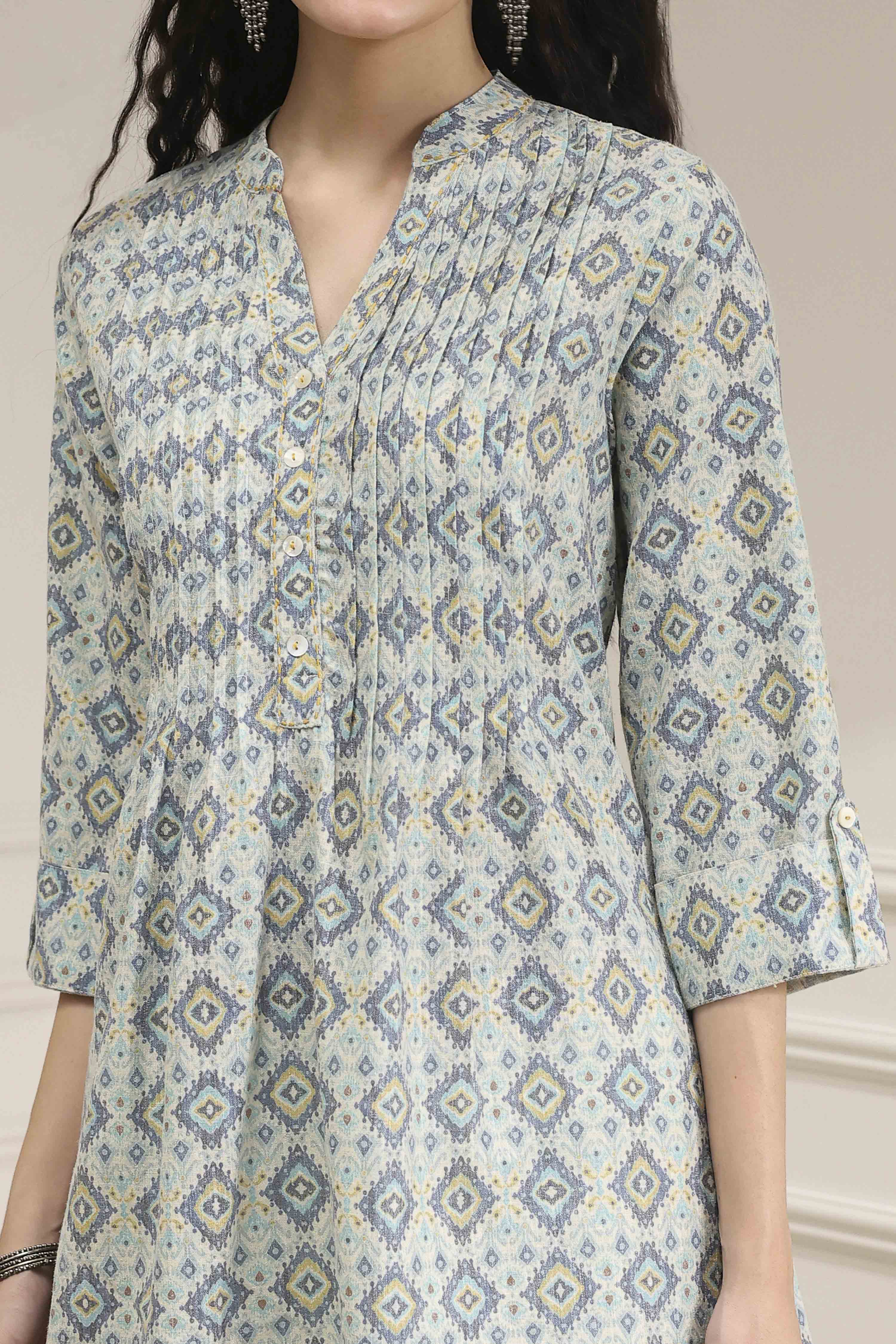 Blue Cotton Printed A-Line Kurta image number 1