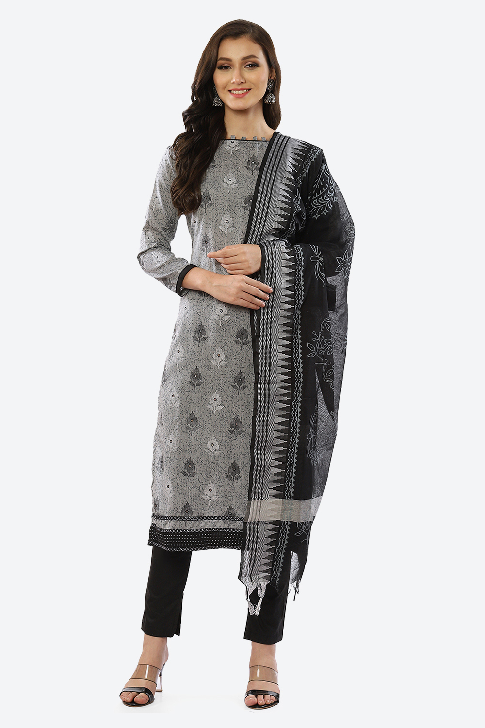 Grey Cotton Unstitched Suit Set image number 0