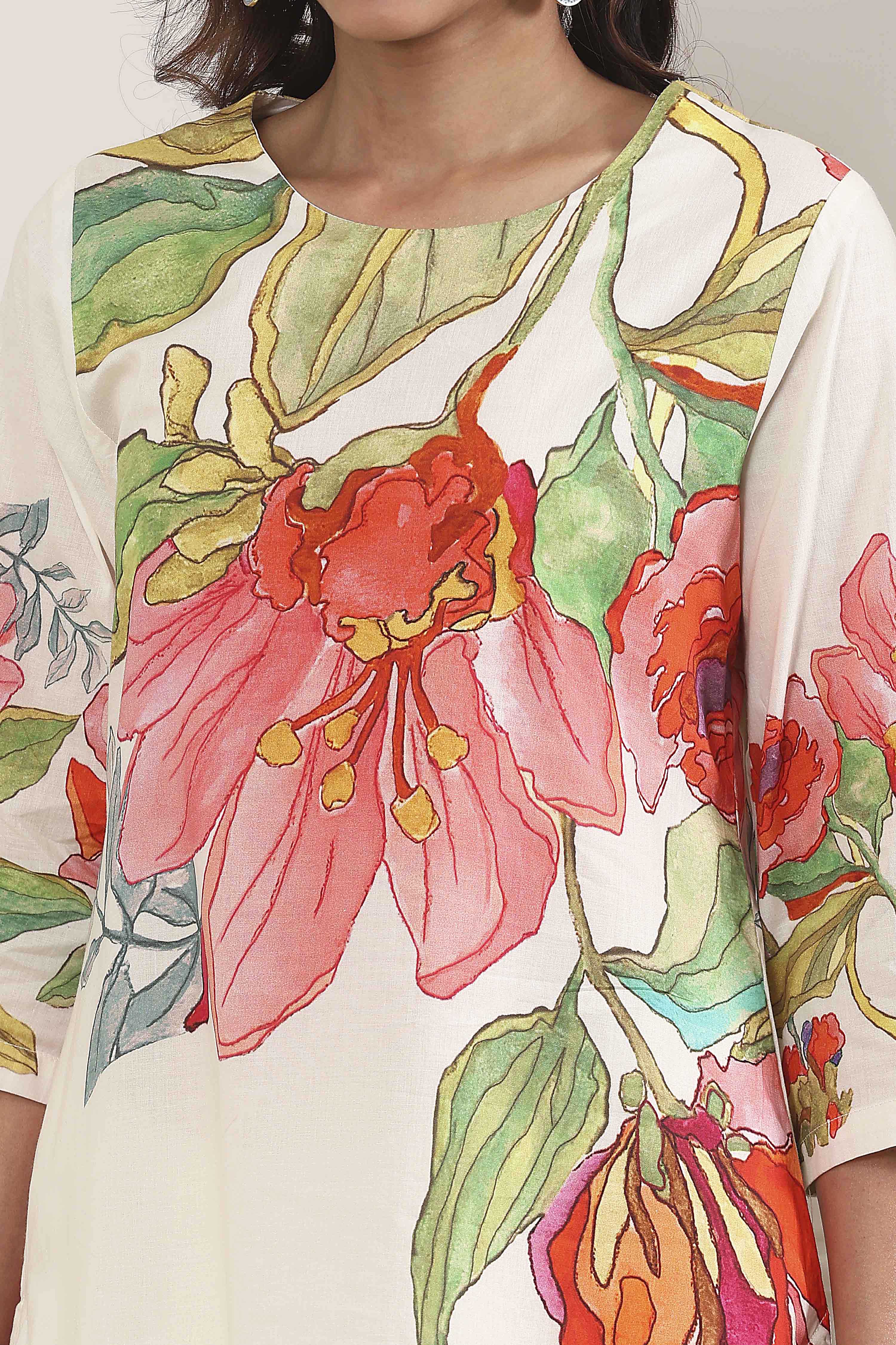 Beige Cotton Floral Printed Straight Kurta Set image number 1