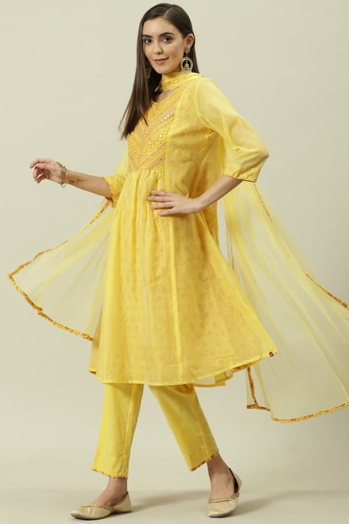 Yellow Cotton Blend Kalidar Kurta Pants Suit Set image number 5