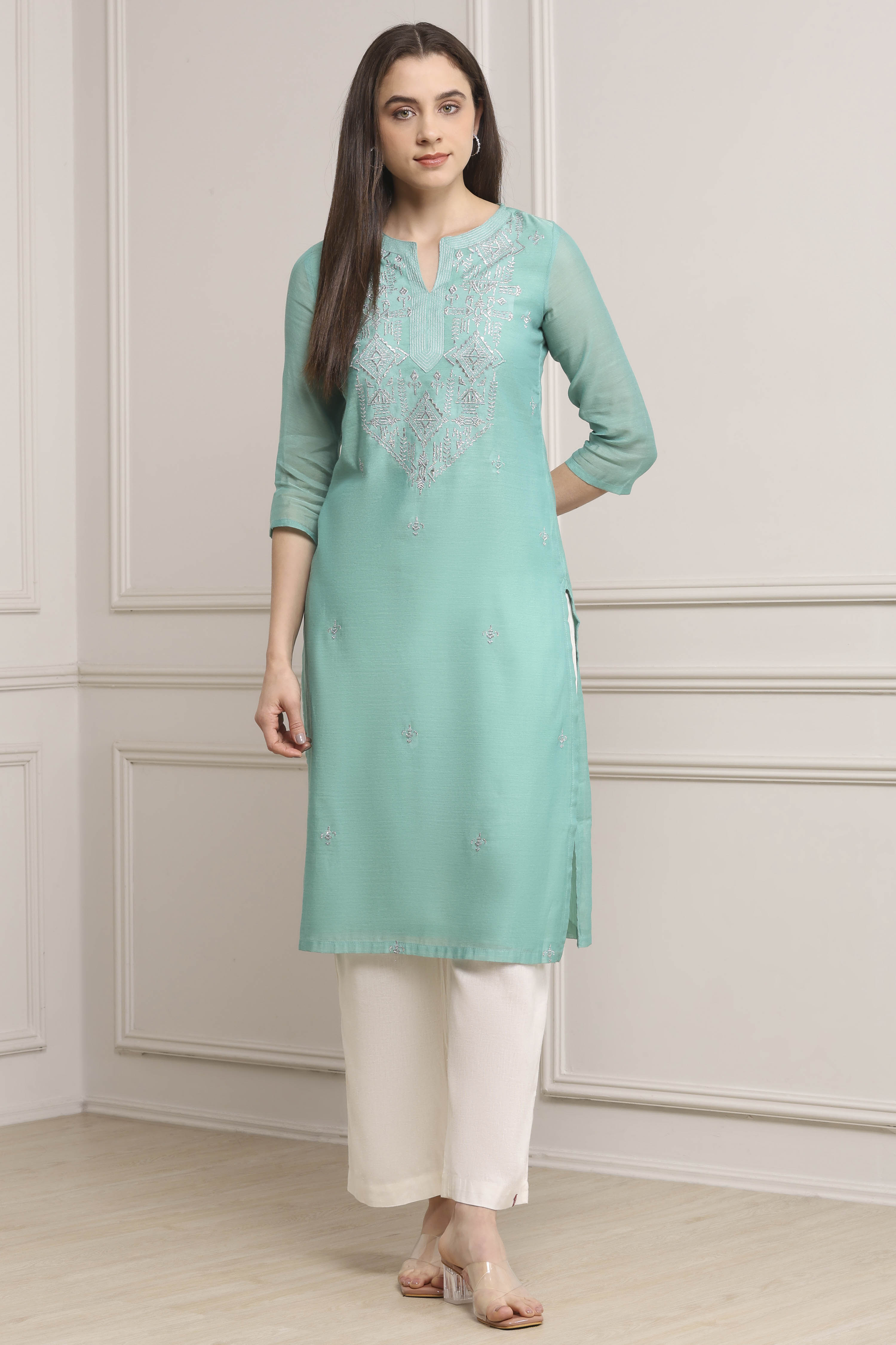 Sea Green Polyester Straight Kurta Pants Set image number 6