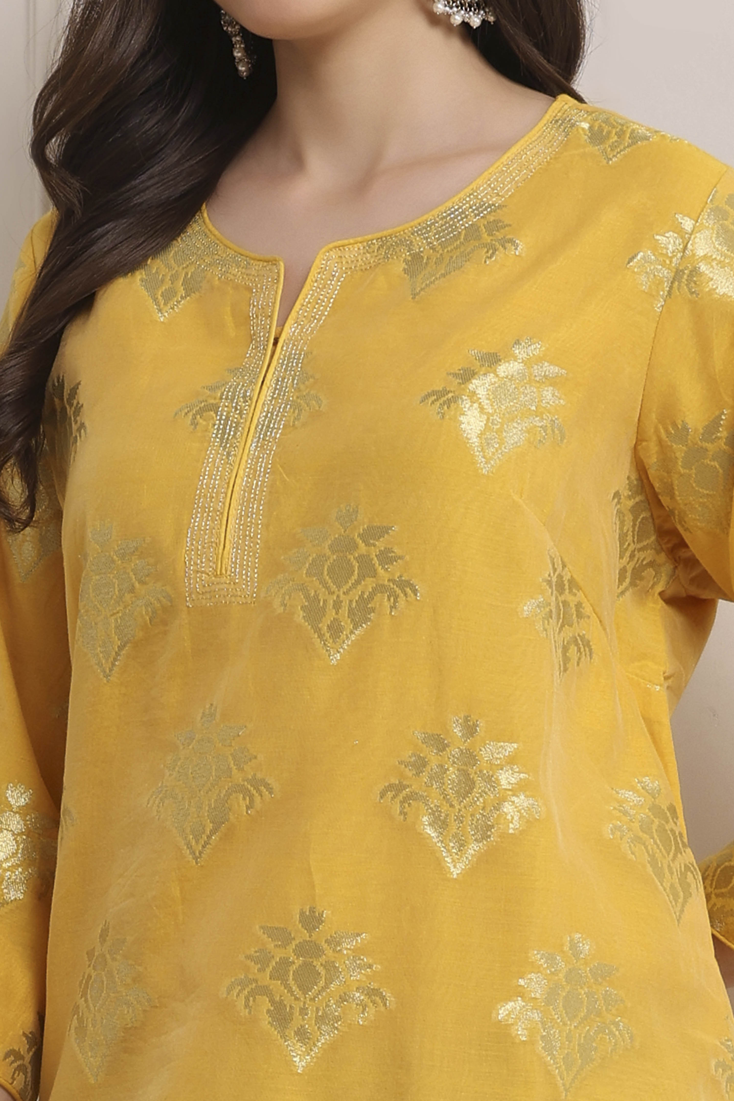 Yellow Poly Cotton Straight Kurta Pants Set image number 1