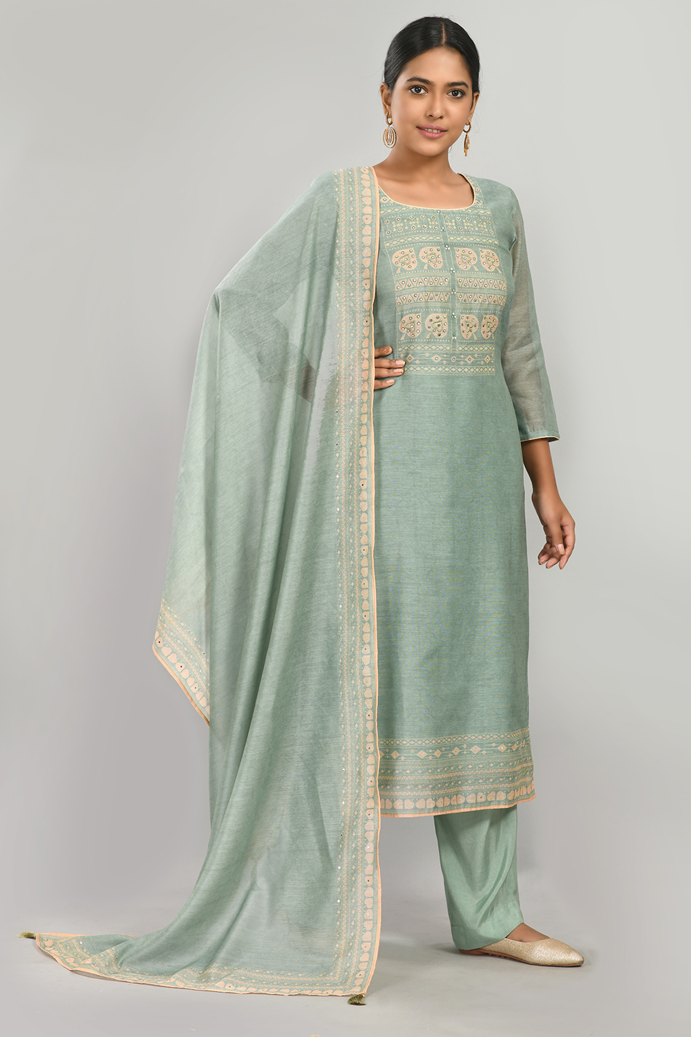 Green Cotton Blend Hand Embroidered Unstitched Suit Set image number 0