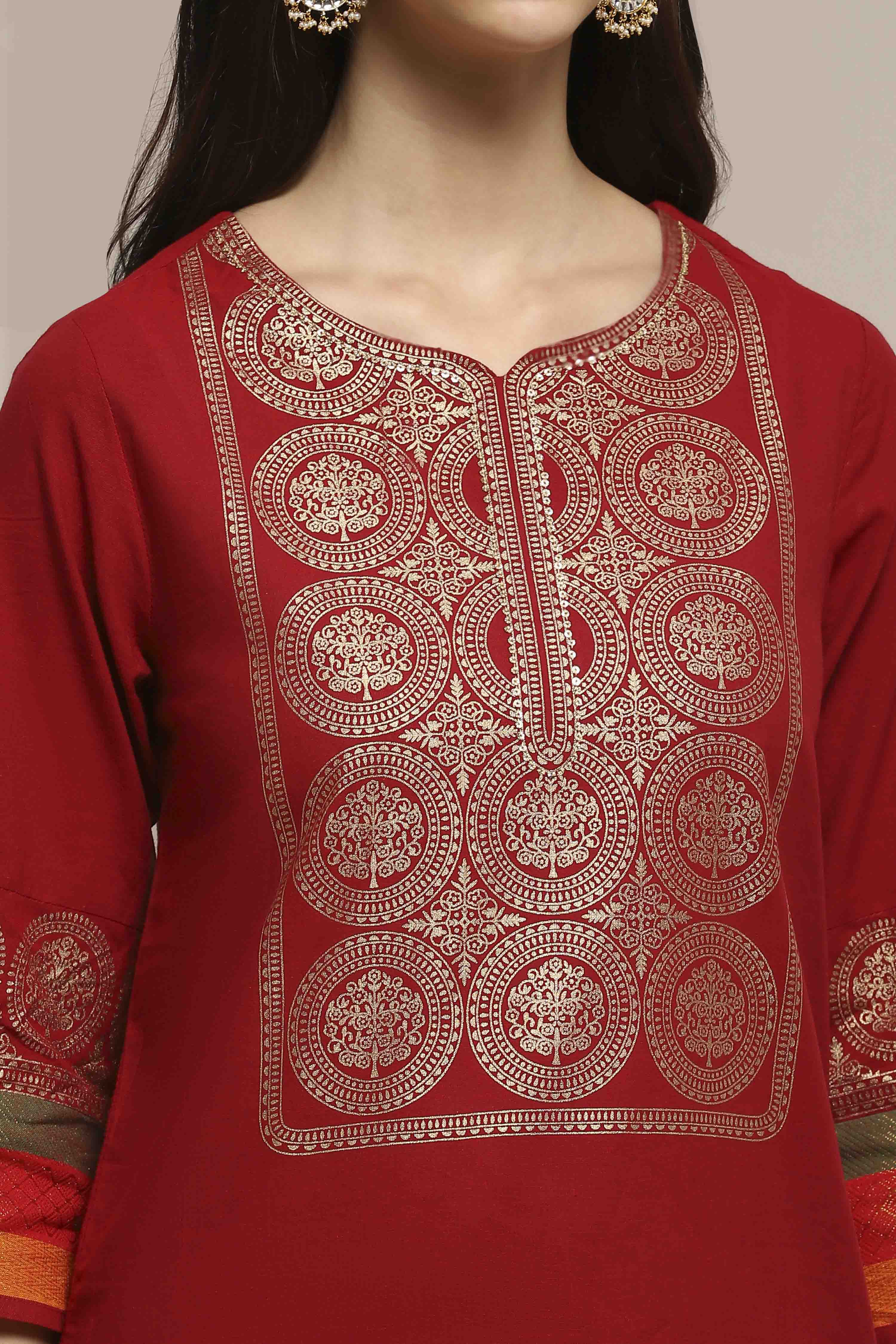 Red Cotton Straight Kurta image number 1