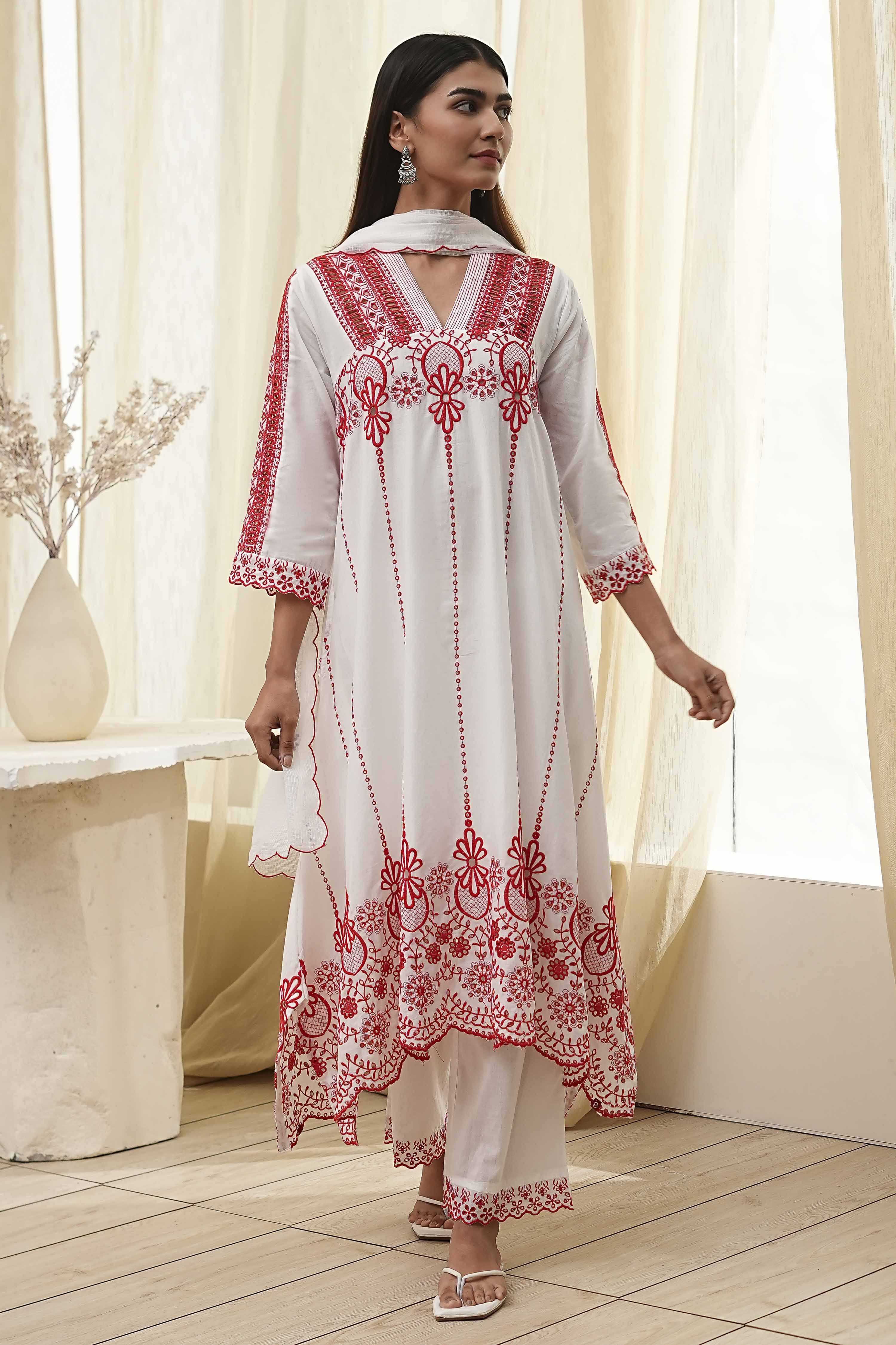 White and Red Cotton Asymmetric Suit Set image number 6