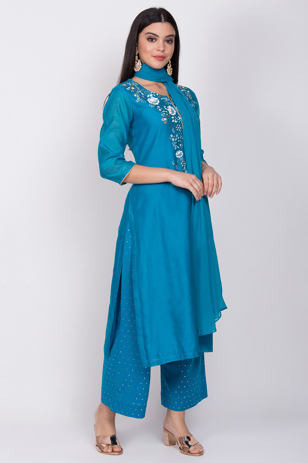 Blue Poly Cotton Straight Kurta Palazzo Suit Set image number 4