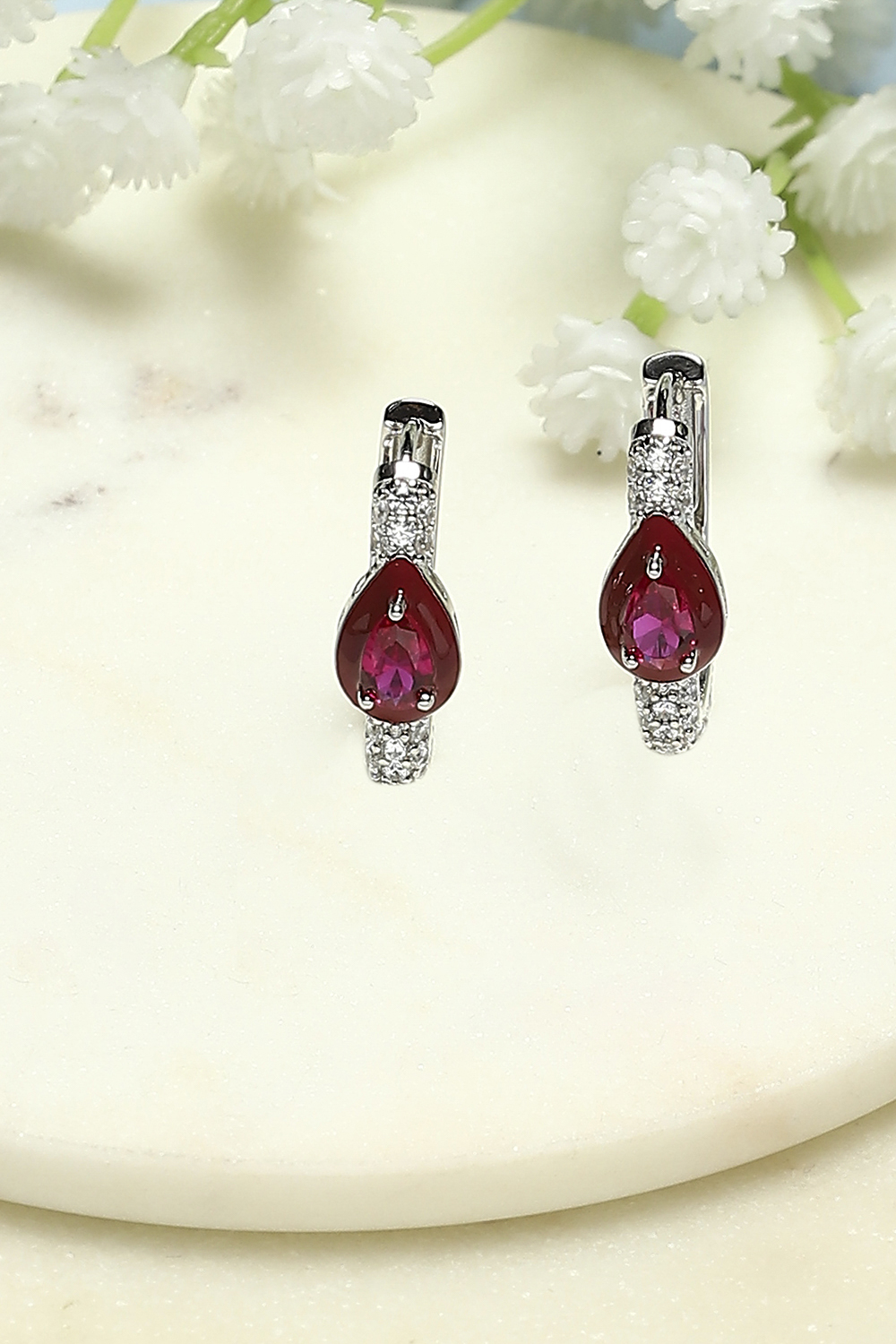 Ruby Silver-Plated CZ Studded Contemporary Hoops image number 0