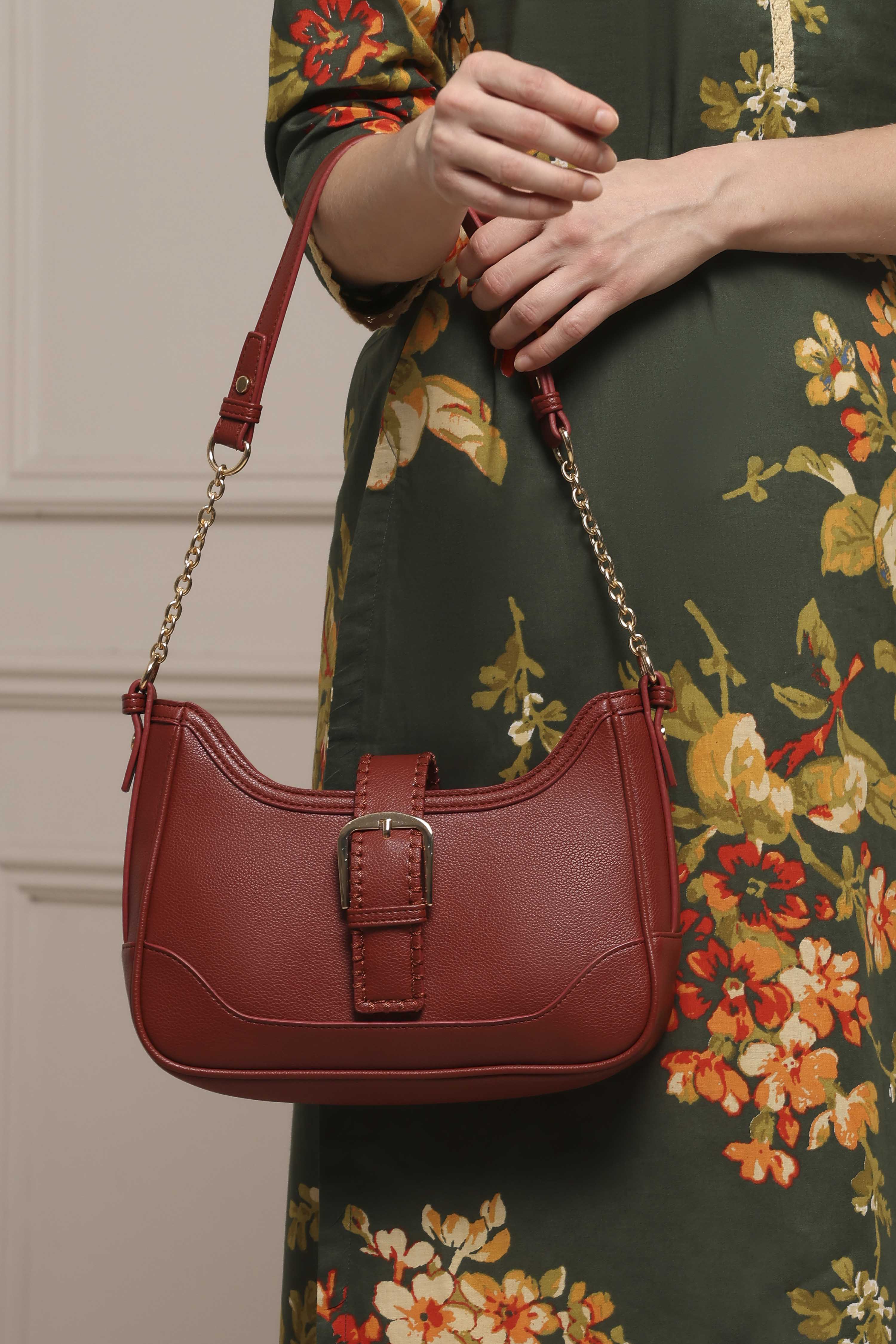 Maroon PU Shoulder Bag image number 7