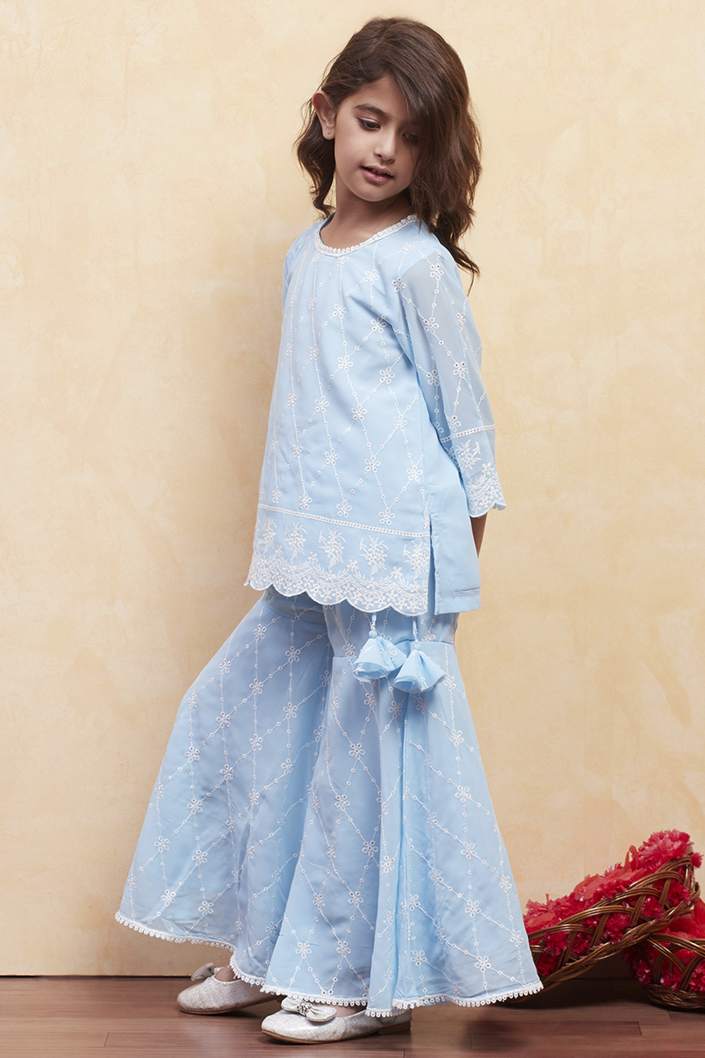 Powder Blue Cotton Embroidered Kurta Sharara Set image number 3