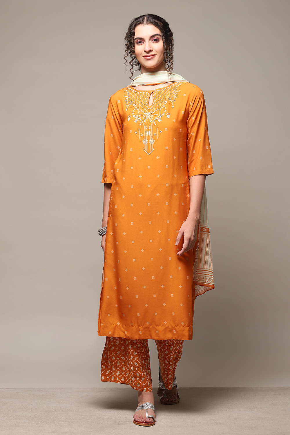 Off White Cotton A-Line Kurta Palazzo Suit Set image number 7