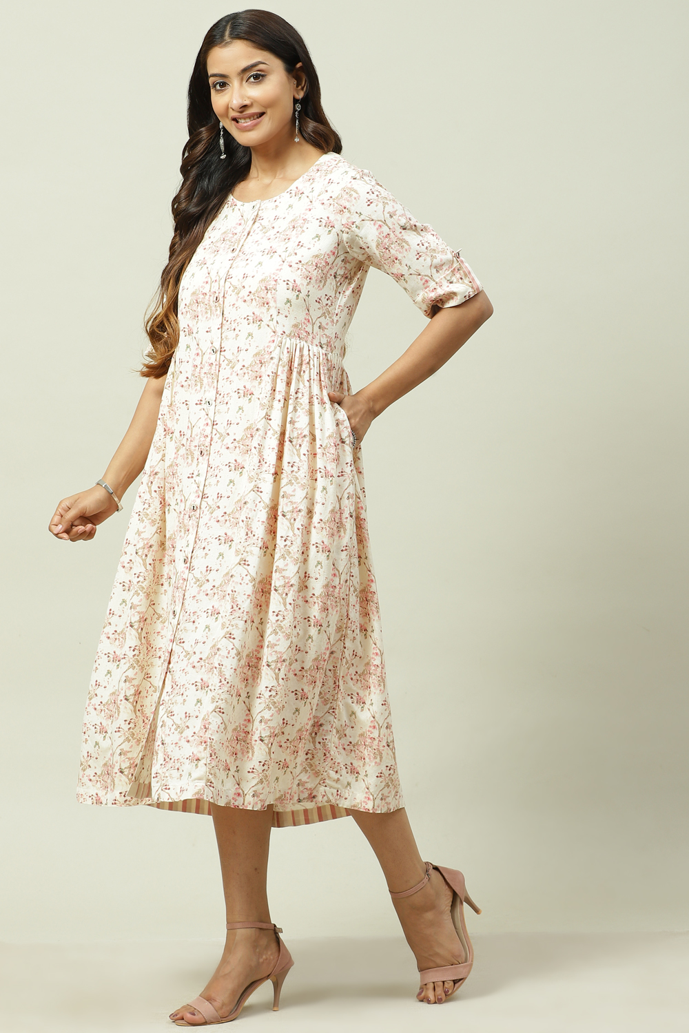 Natural LIVA Flared Printed Dress image number 2
