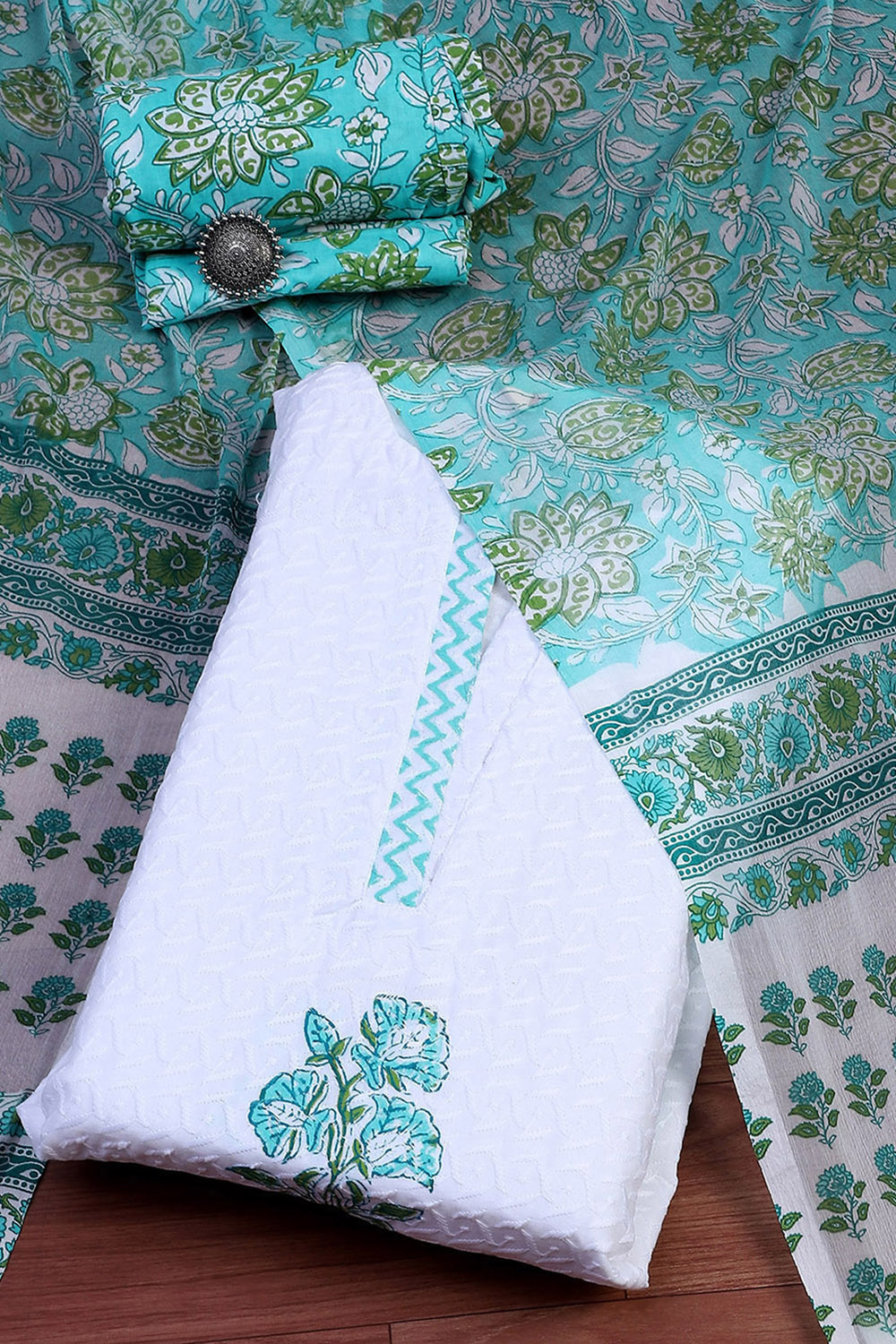 White and Pink Cotton Floral Hand Block Unstitched Suit Set image number 0