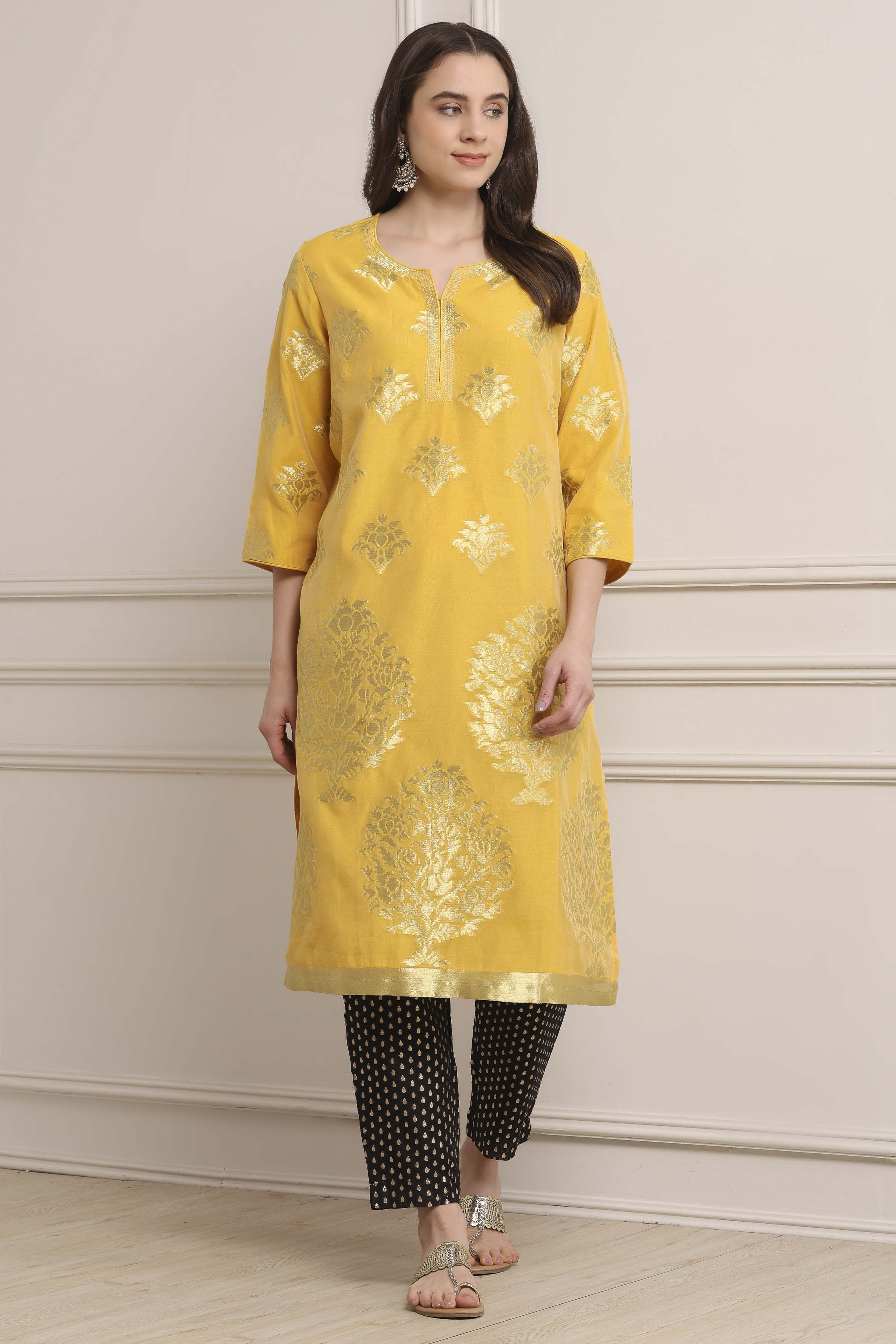 Yellow Poly Cotton Straight Kurta Pants Set image number 0