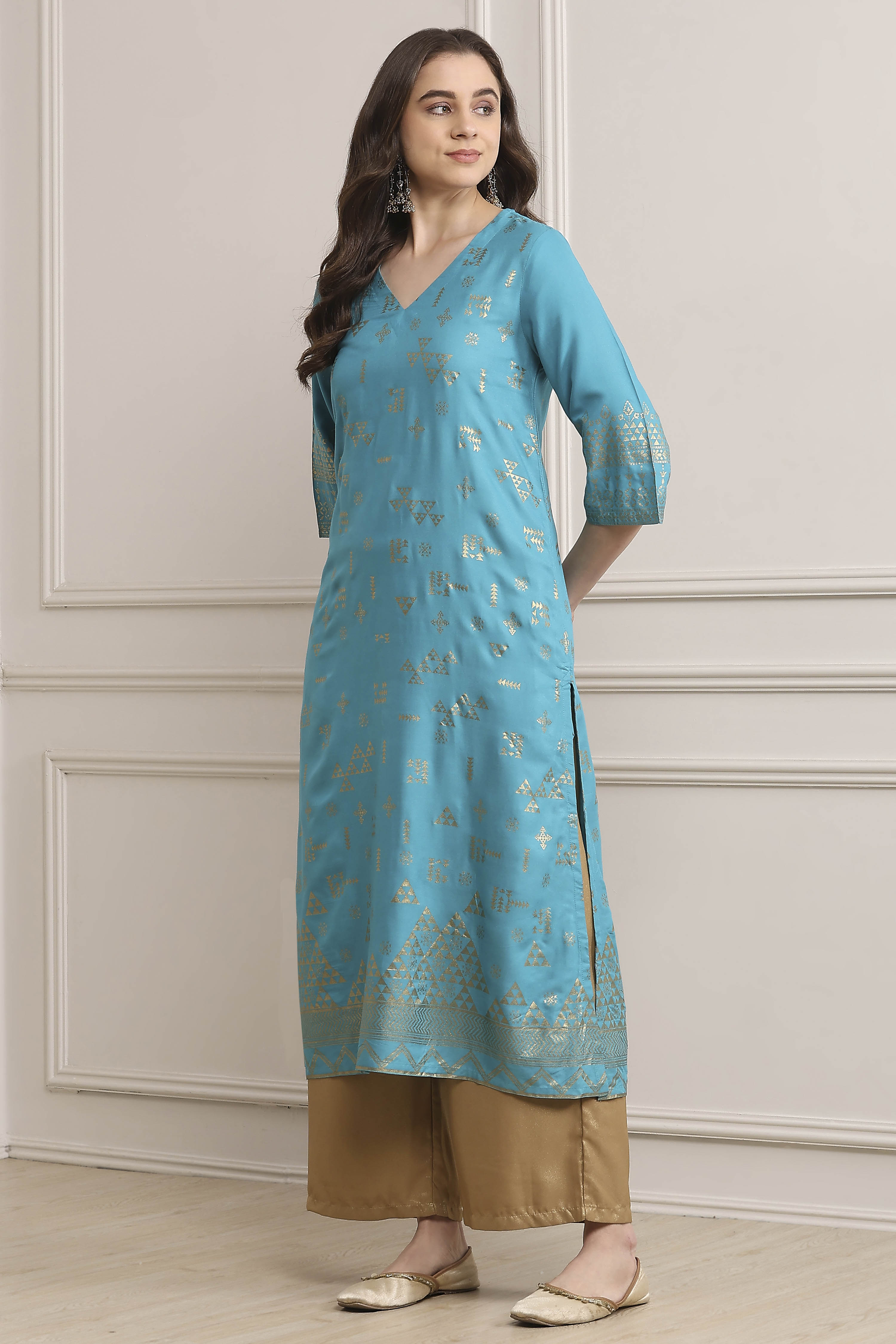 Turquoise Rayon A-Line Printed Kurta image number 2