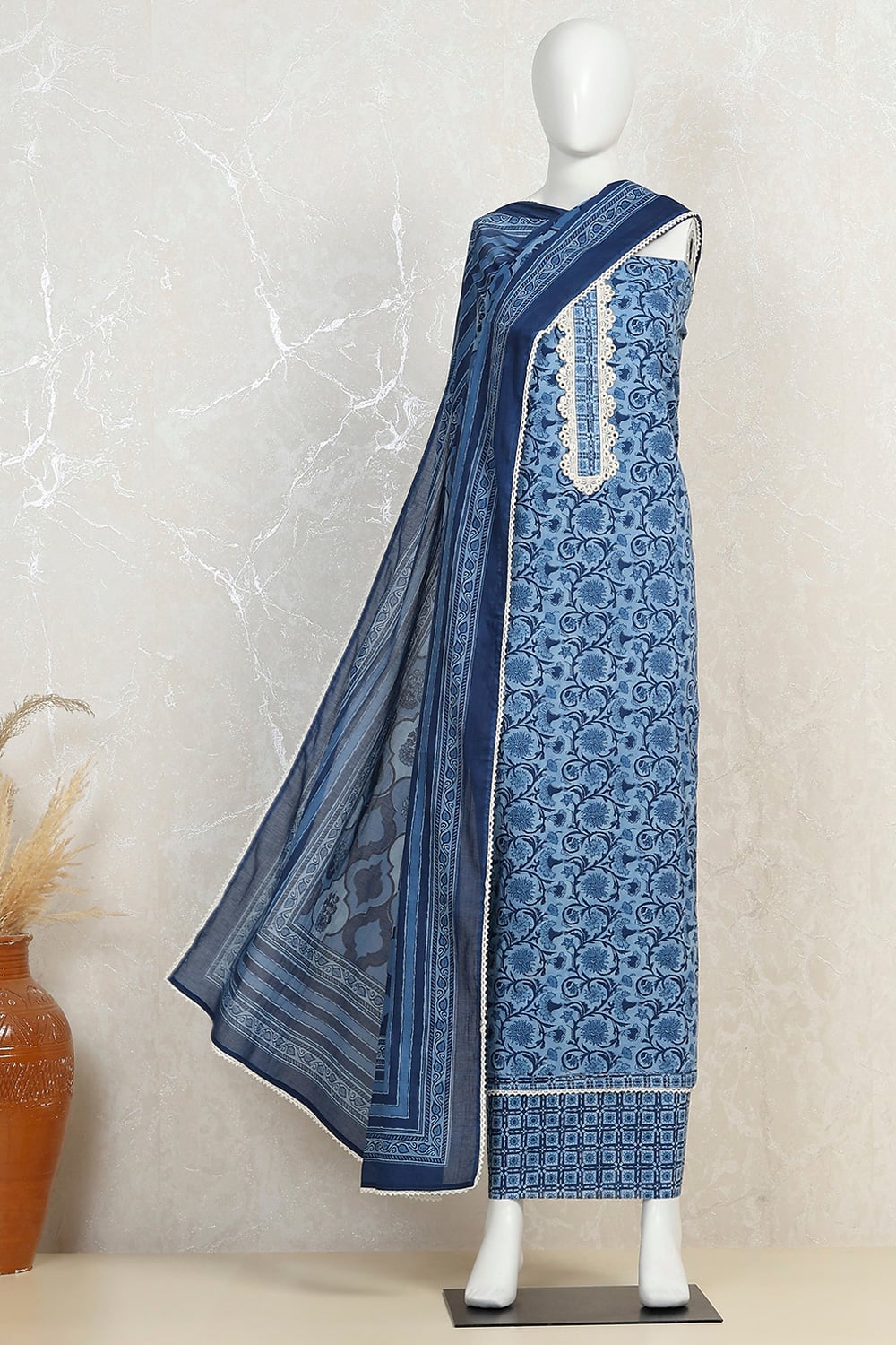 Brown Cotton Printed Embroidered Unstitched Suit Set image number 4