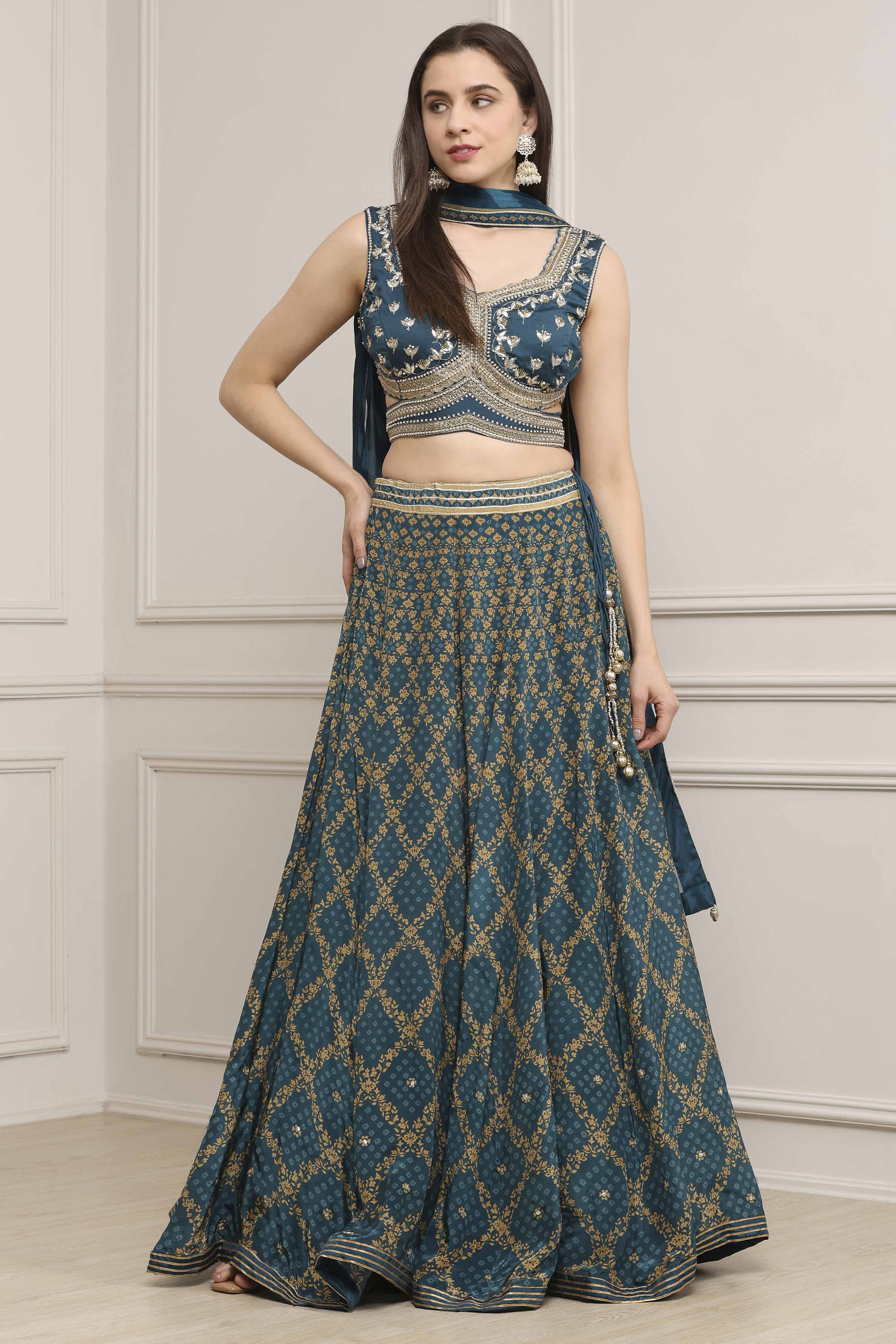 Teal Cotton Blend Dyed Lehenga Set image number 5