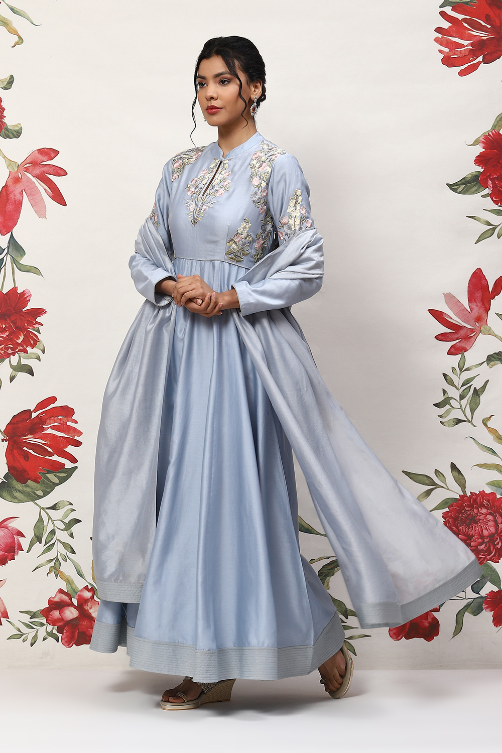 Powder Blue Cotton Blend Anarkali Kurta Suit Set image number 5