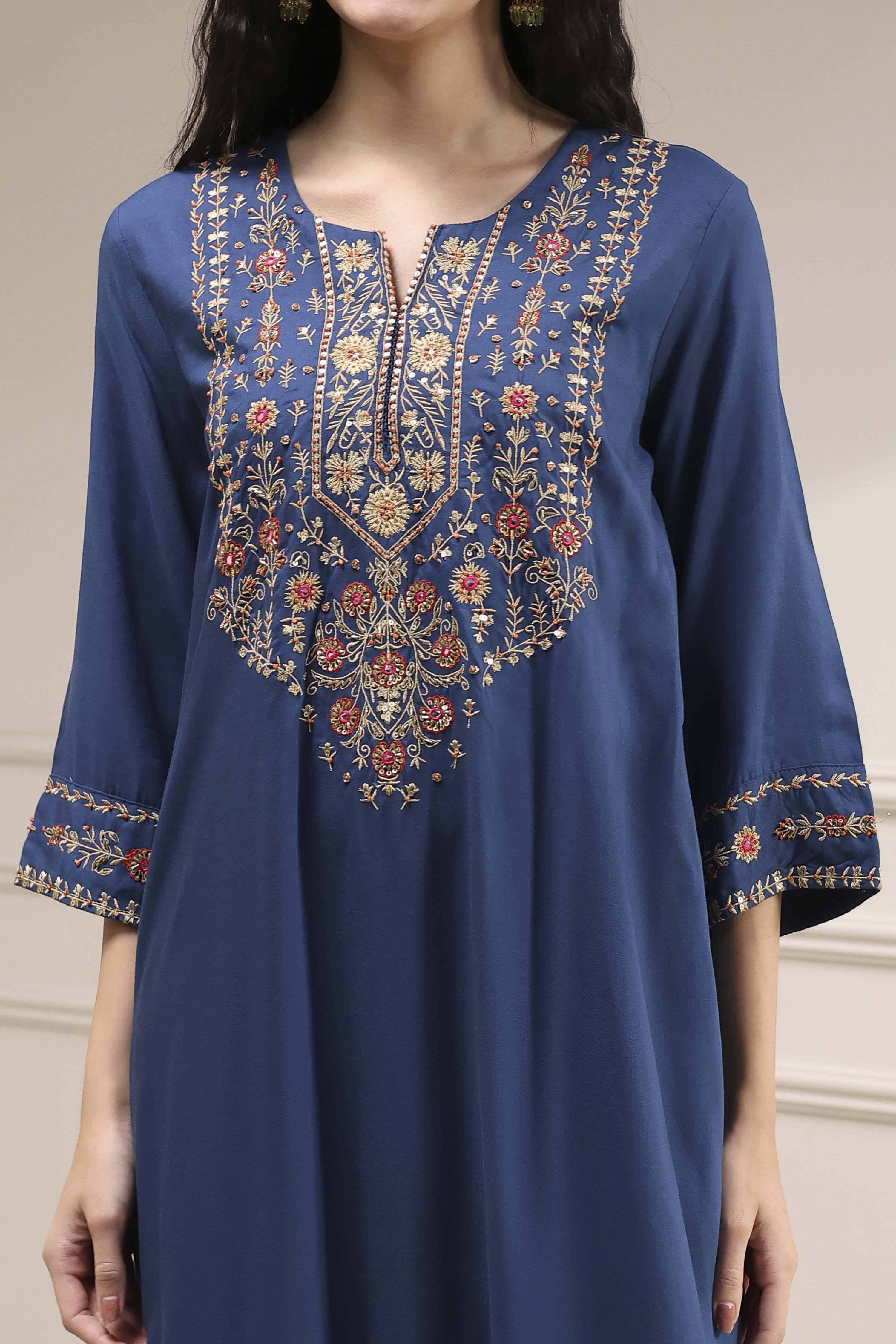 Navy Blue Embroidered Straight Suit Set image number 1