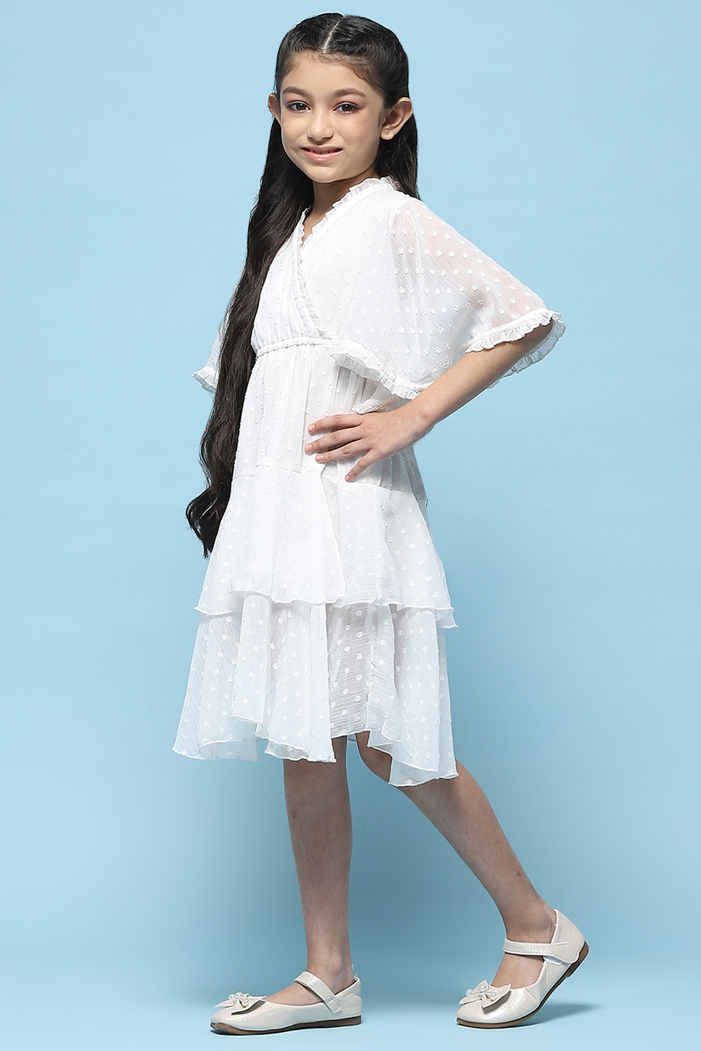 White Chiffon Dobby Tiered Dress image number 2